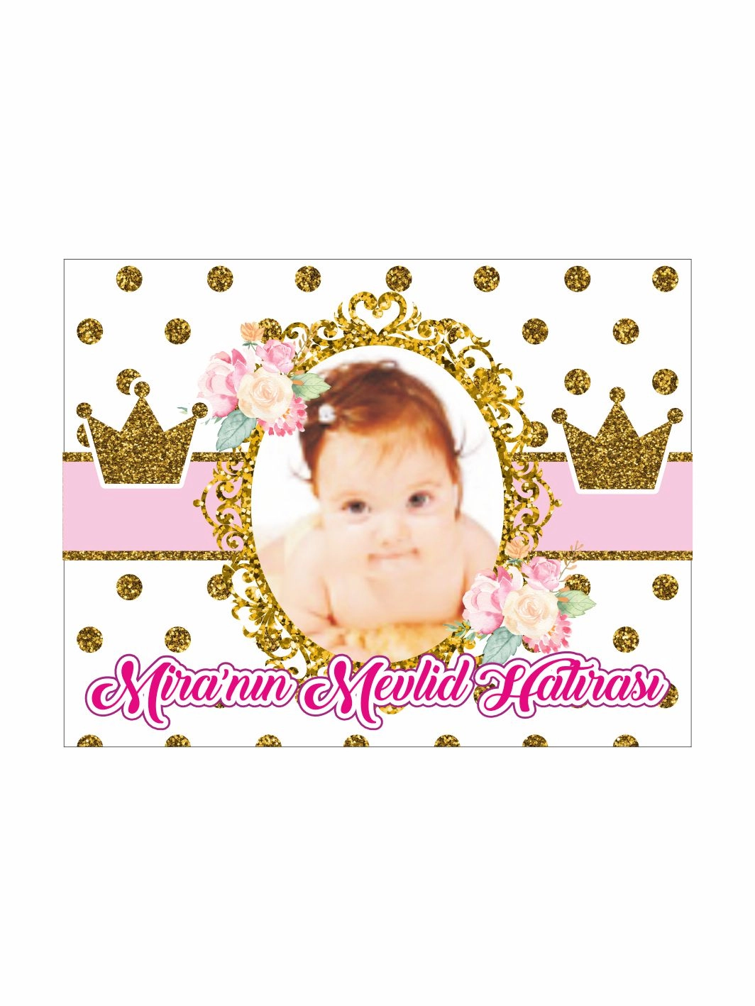 Bebek Mevlid Magnet Pembe Gold Taçlı Puantiyeli Oval Çerçeveli Resimli Kız Bebek Konsept