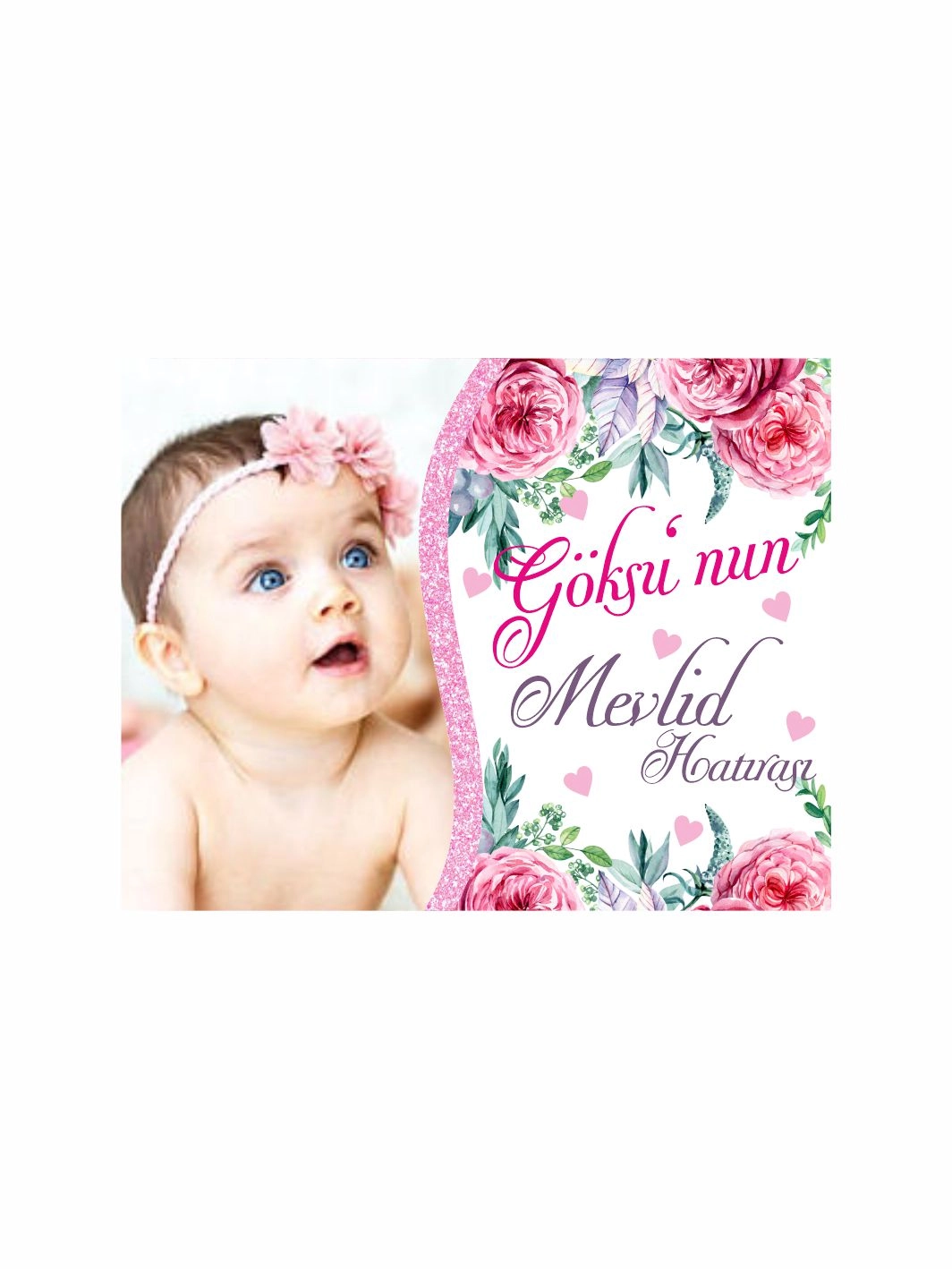 Bebek Mevlid Magnet Pembe Gül Çiçekli Simli Dikey Tasarım Resimli Kız Bebek Konsept