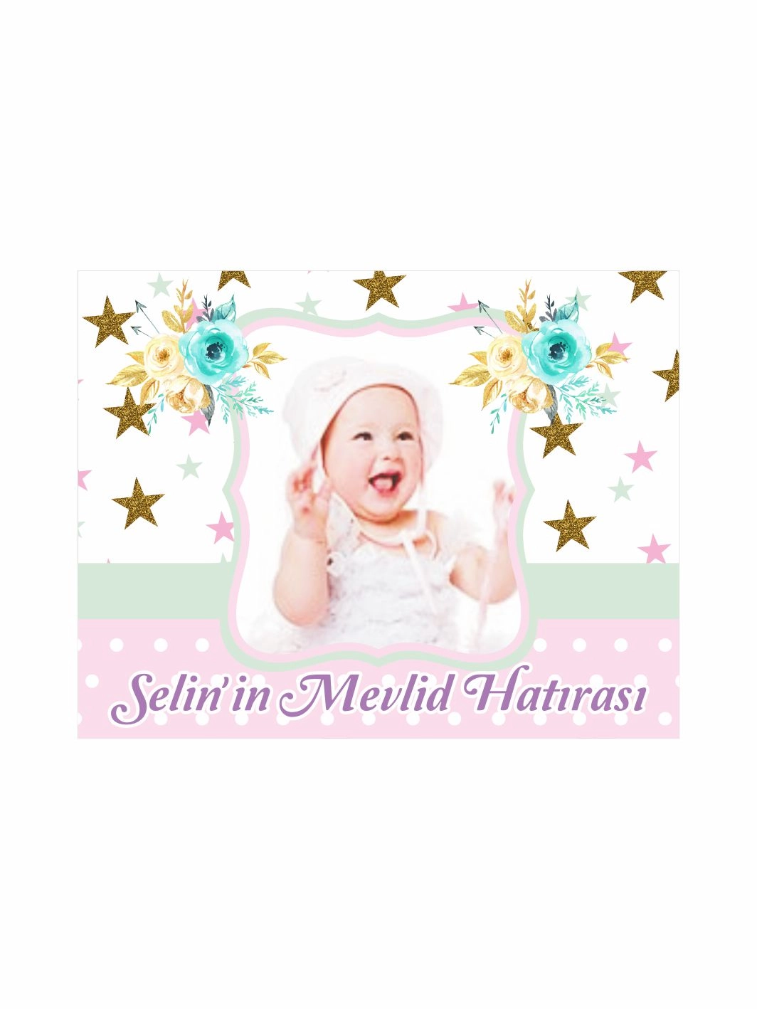 Bebek Mevlid Magnet Pembe Mint Yıldızlı Çiçekli Oval Çerçeveli Resimli Kız Bebek Konsept