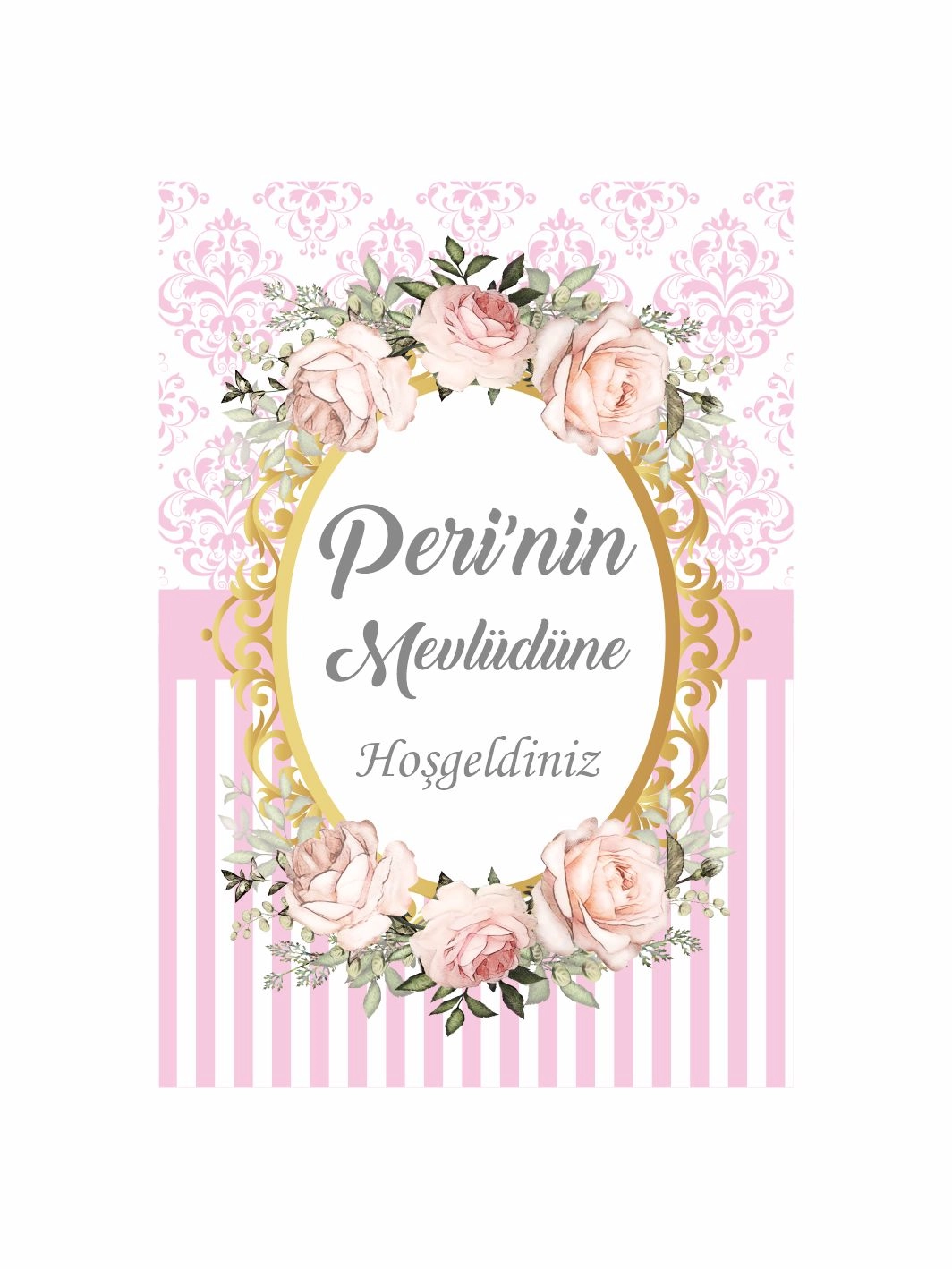 Pembe Zemin Gold Çerçeve Soft Çiçek Konsept Bebek Mevlit Afişi