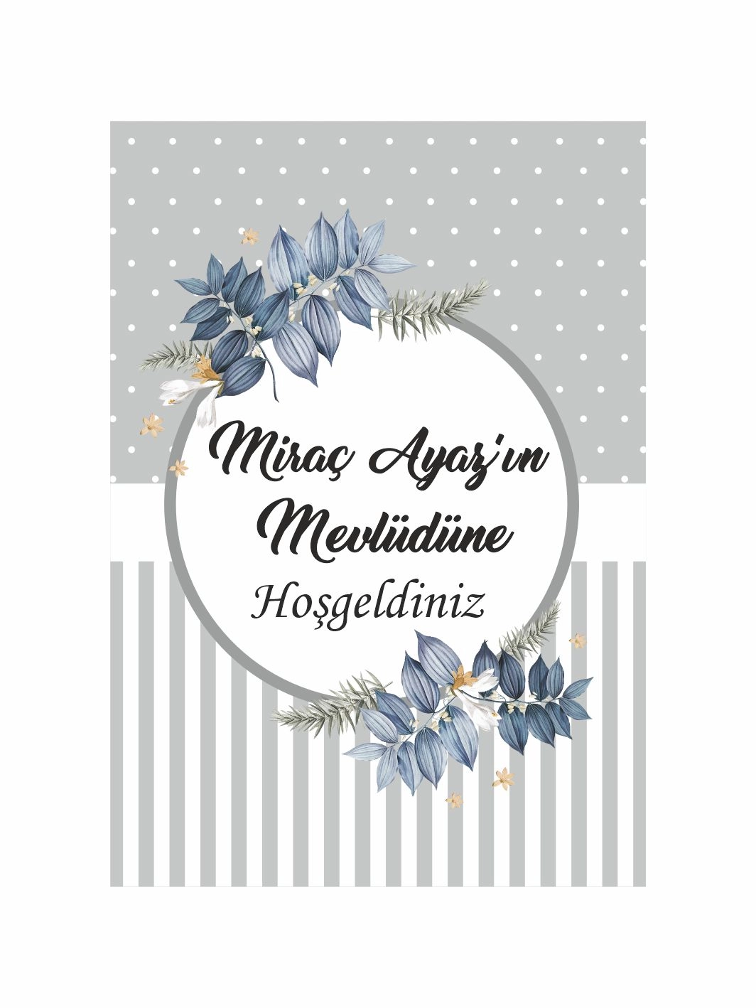 Gri Zemin Mavi Çiçek Çerçeve Konsept Bebek Mevlüt Afişi