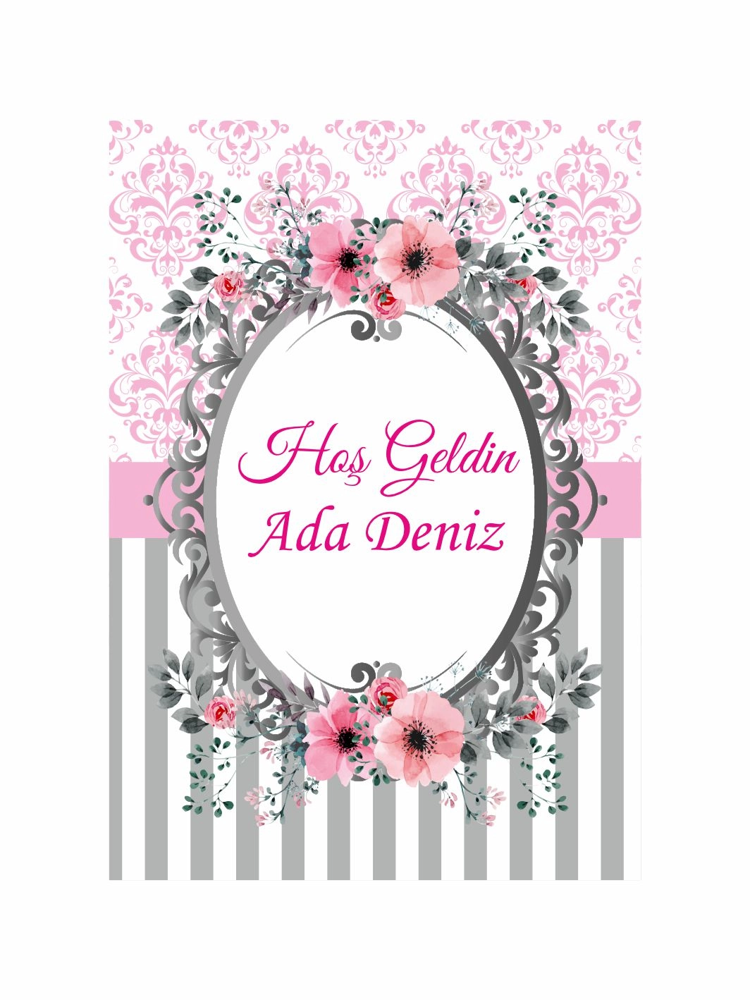 Pembe Gri Konsept Çiçek Çerçeve Temalı Bebek Mevlüt Afişi