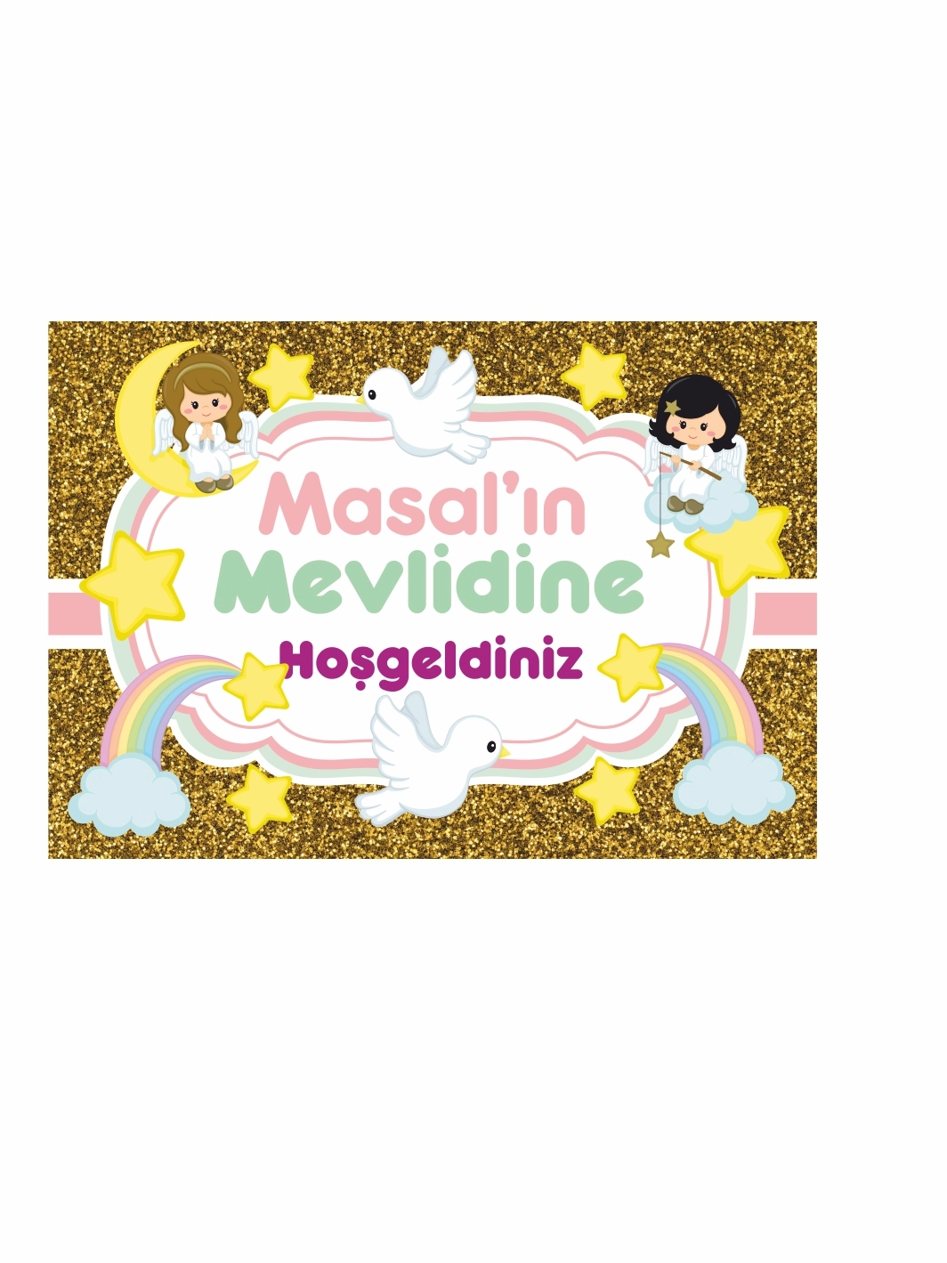 Bebek Mevlüt Afişi Sim Gold Zemin Melek Kızlar Tema Vinil Branda Baskı