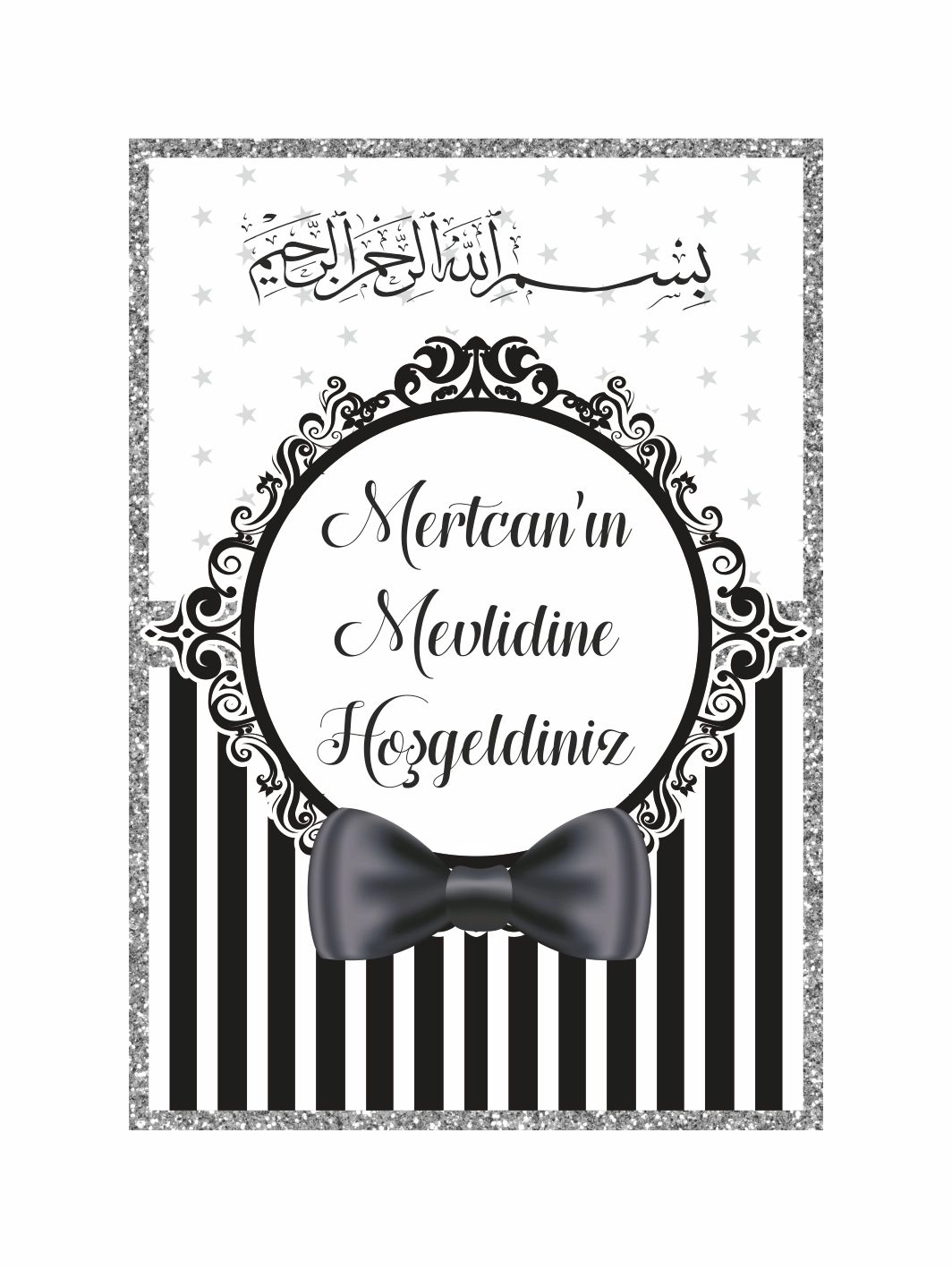 Siyah Beyaz Konsept Papyon Temalı Bebek Mevlüt Afişi