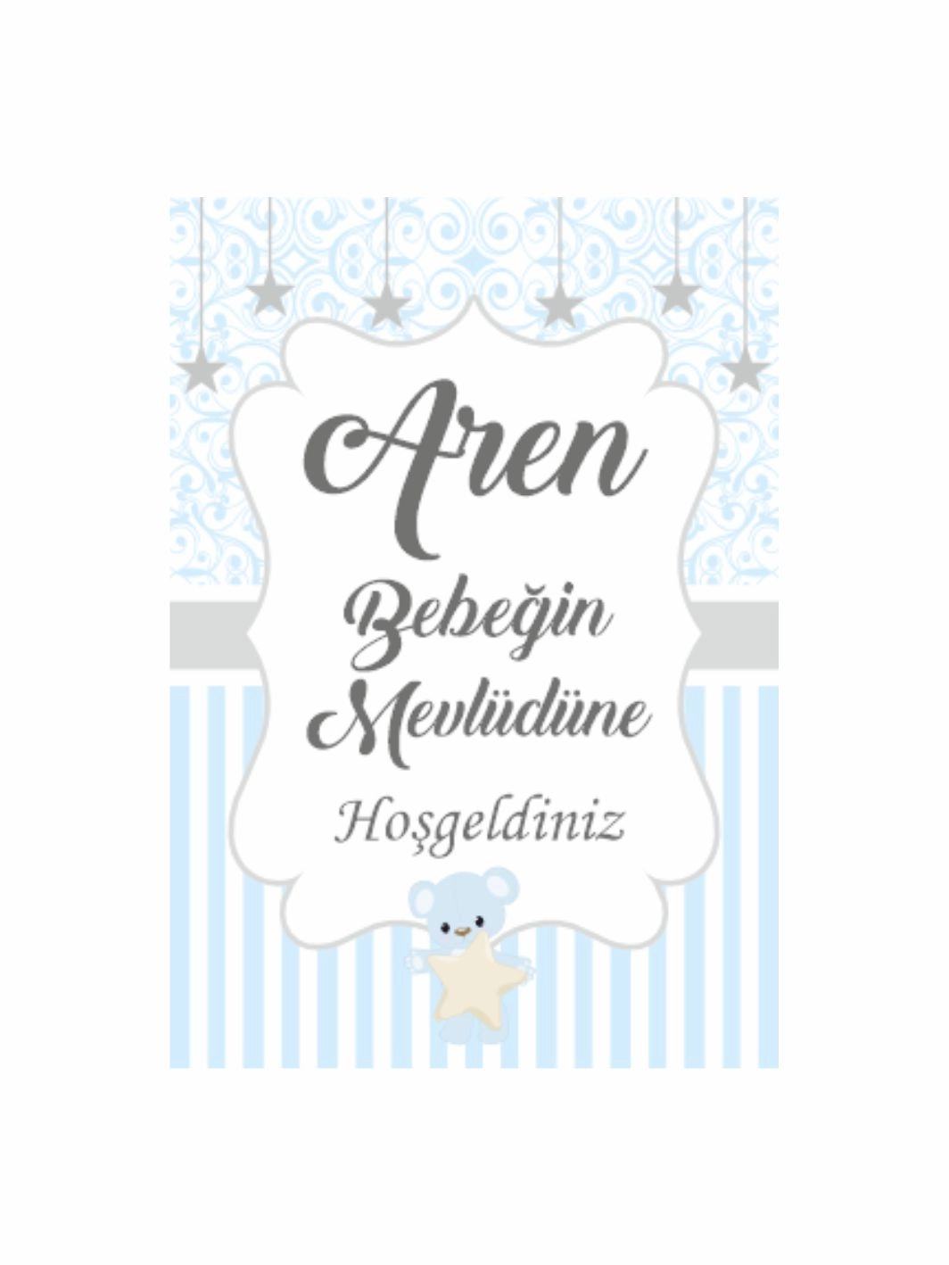 Bebek Mevlüt Panosu Mavi Çizgili Ayı Temalı Yıldızlı Erkek Bebek Konsept Karşılama Panosu