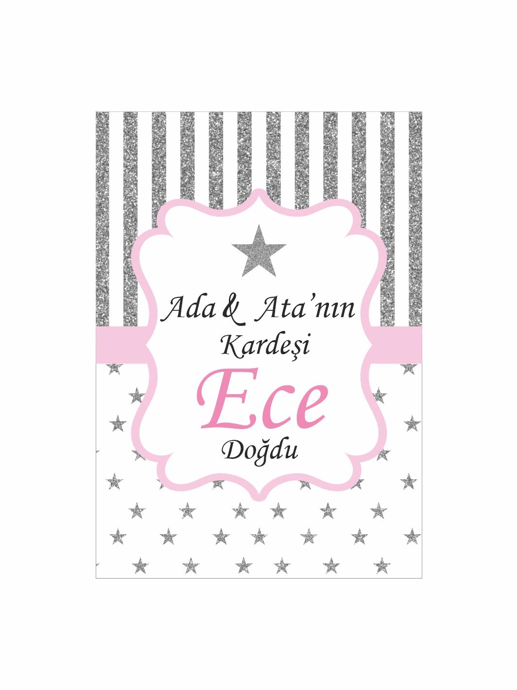 Bebek Mevlüt Panosu Pembe Çerçeveli Gümüş Simli Çizgili Yıldızlı Kız Bebek Konsept Karşılama Panosu
