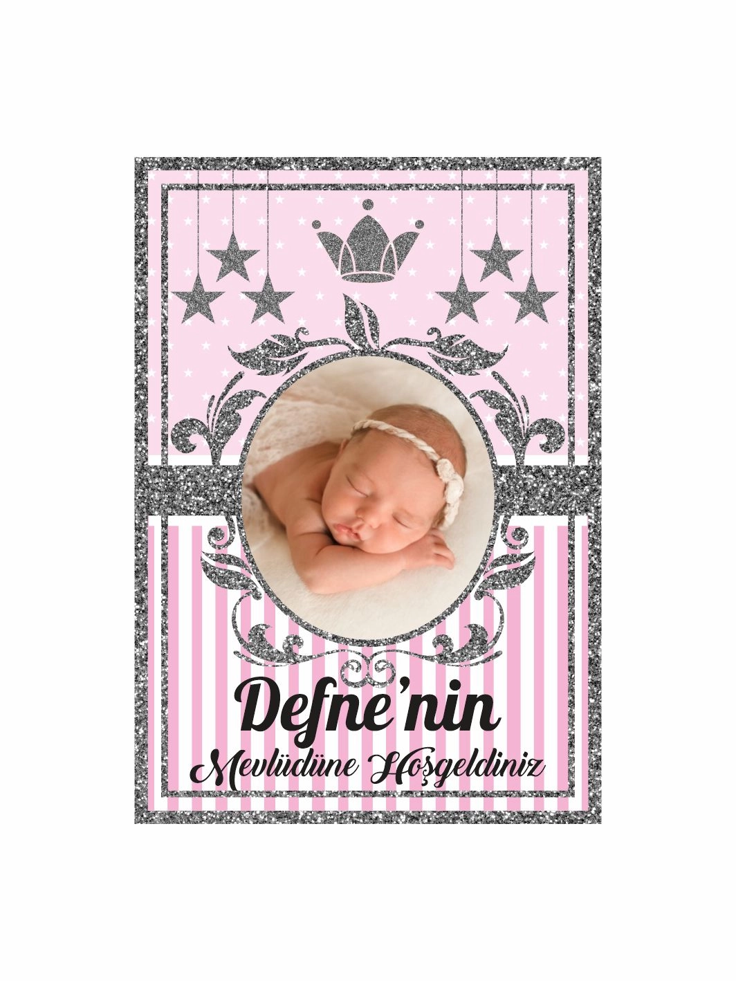 Bebek Mevlüt Panosu Pembe Çizgili Fotoğraf Çerçeveli Taç Yıldız Temalı Kız Bebek Konsept Karşılama Panosu