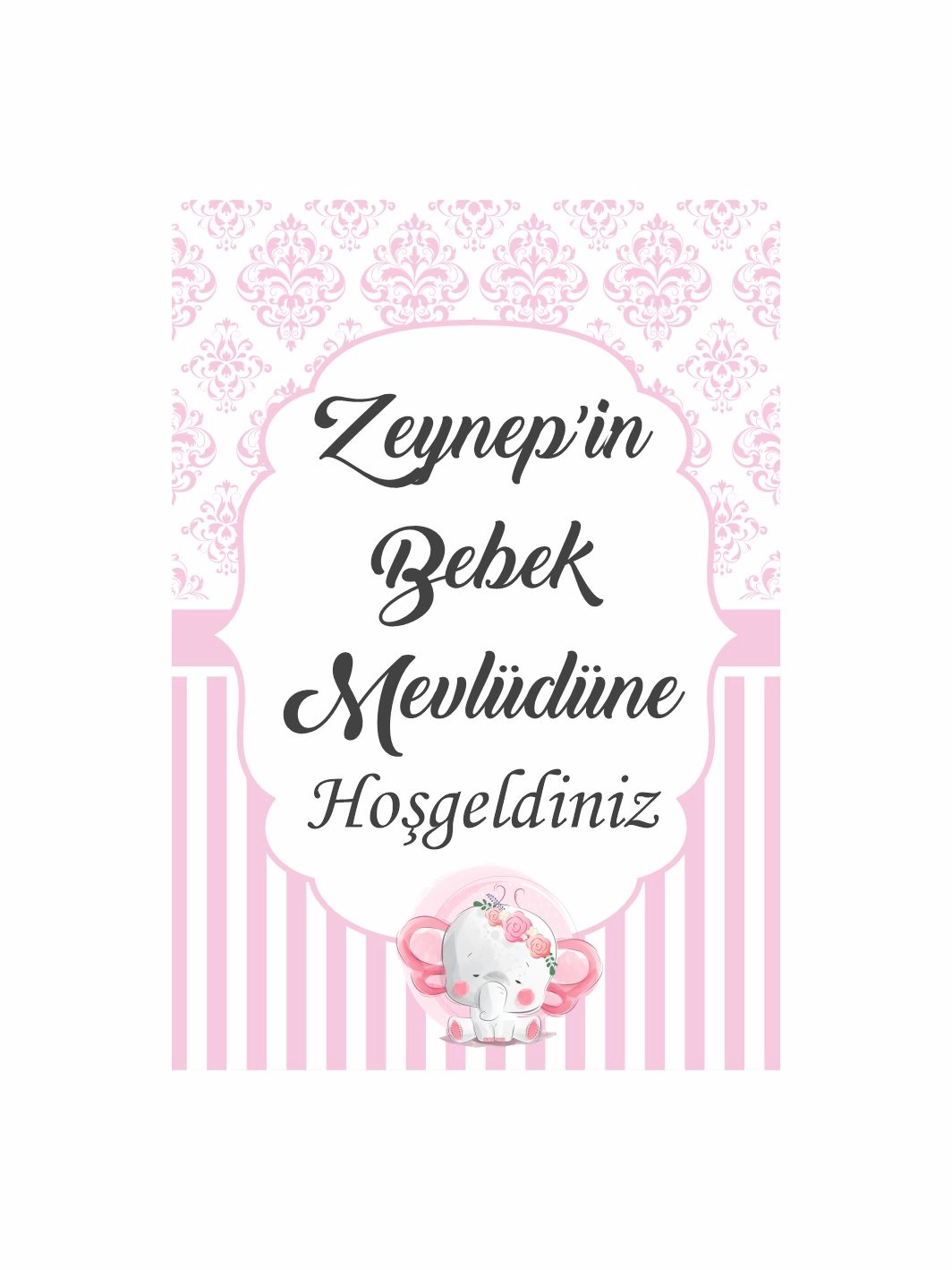Bebek Mevlüt Panosu Pembe Damask Desenli Çizgili Kız Bebek Konsept Karşılama Panosu