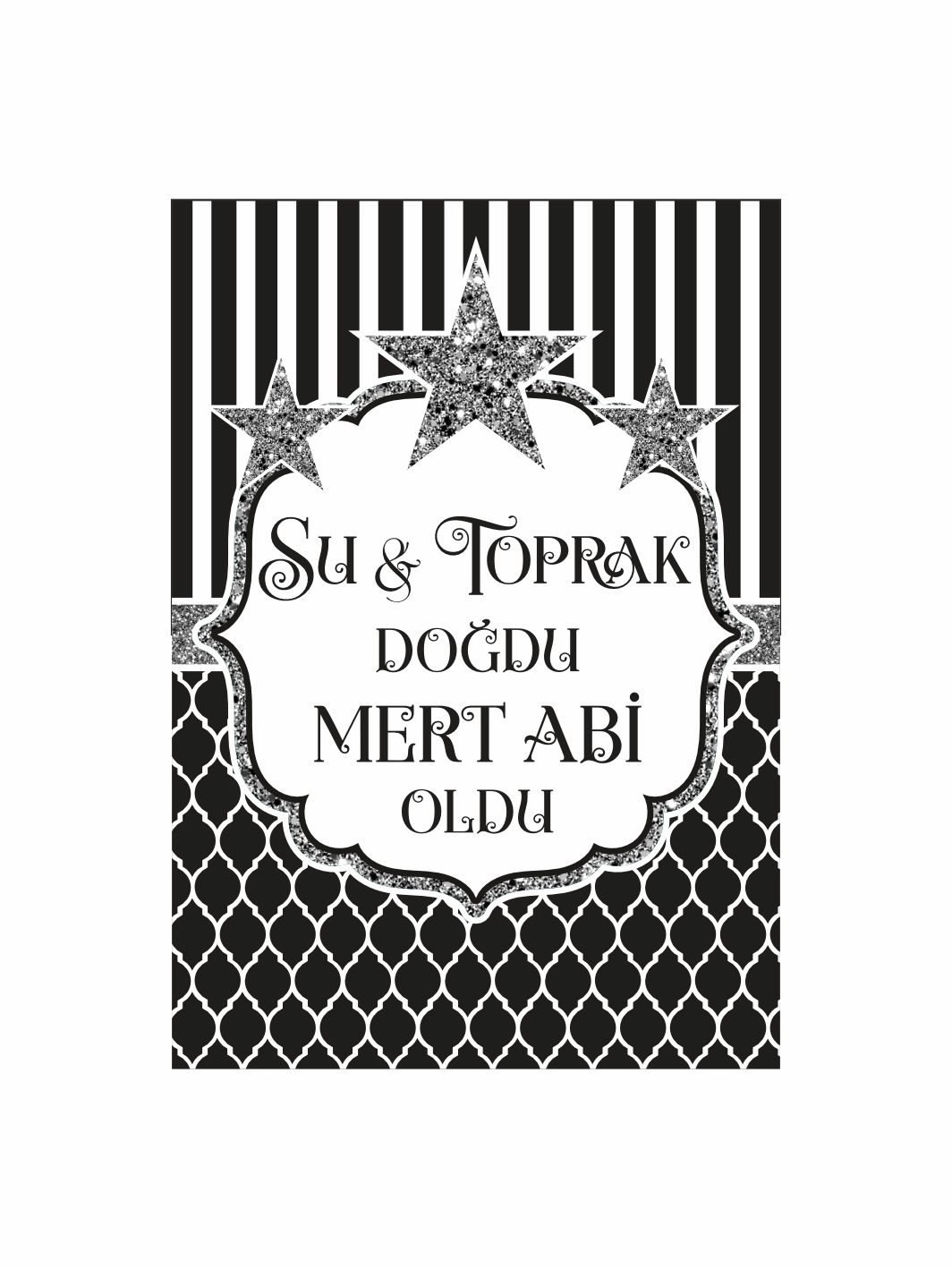 Bebek Mevlüt Panosu Siyah Beyaz Çizgili Yıldızlı Simli Erkek Bebek Konsept Ayaklı Karşılama Pano