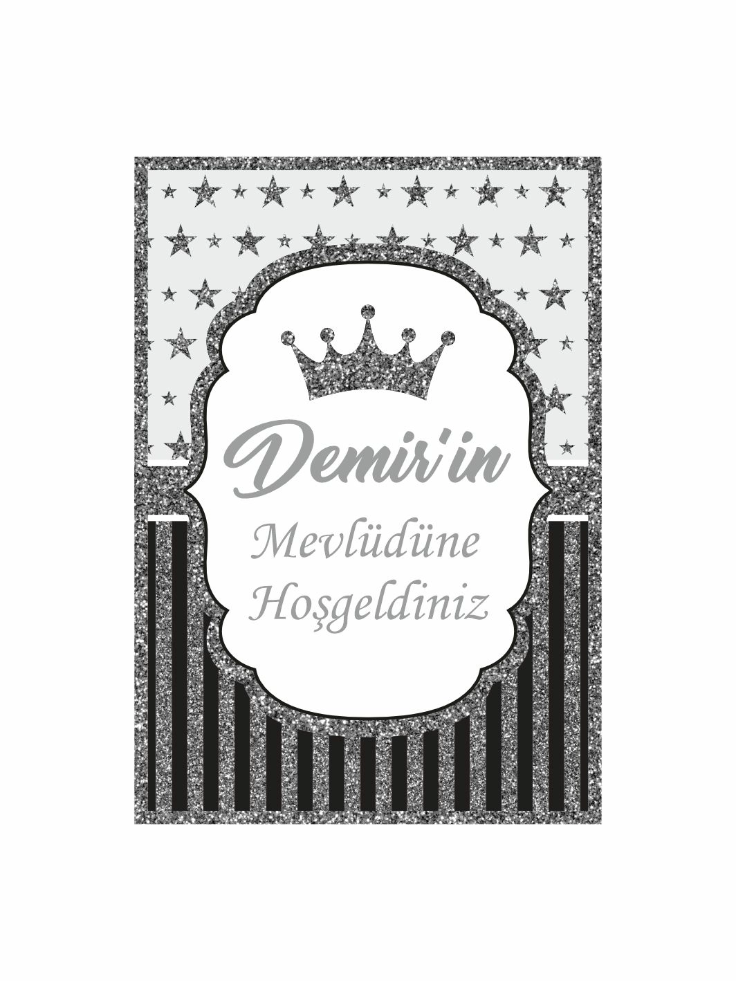 Bebek Mevlüt Panosu Siyah Beyaz Yıldızlı Gümüş Simli Prens Konsept Ayaklı Karşılama Pano