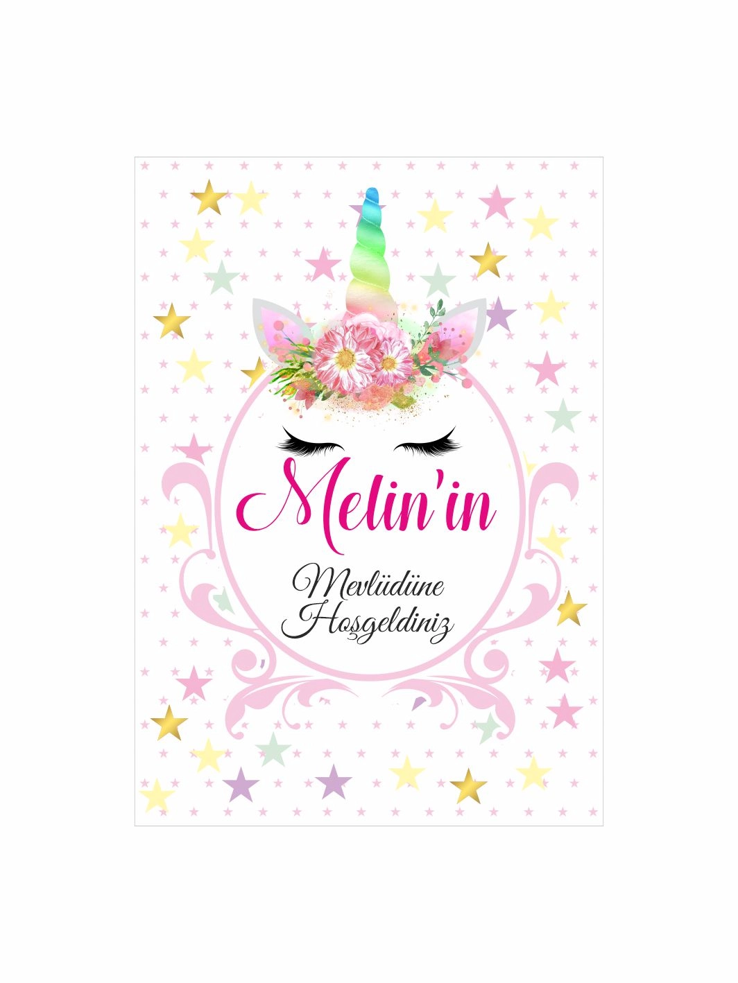 Bebek Mevlüt Panosu Unicorn Temalı Yıldız Desenli Çiçek Taçlı Kız Bebek Konsept Ayaklı Karşılama Pano