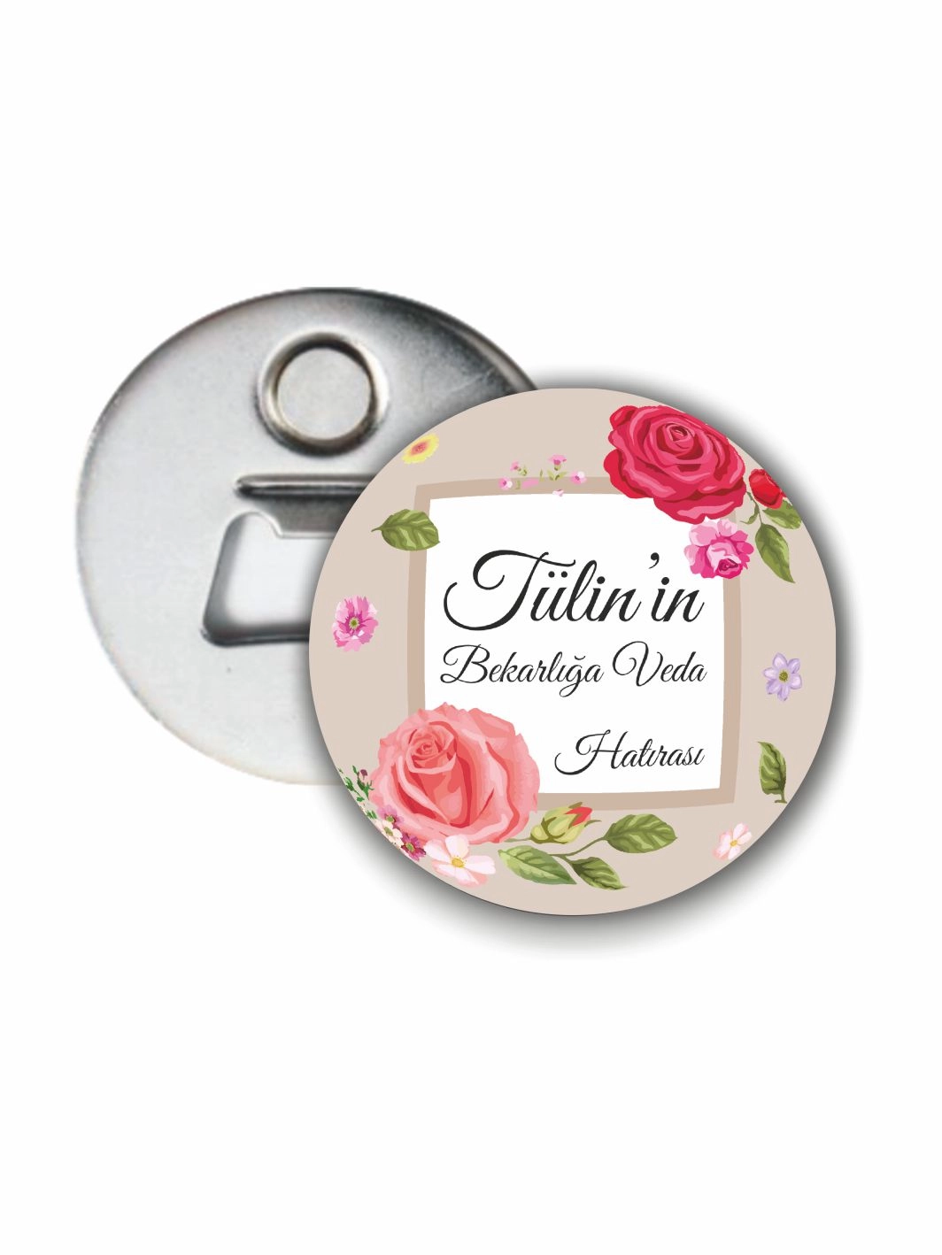 Bekarlığa Veda Partisi Bej Zemin Gül Desenli Vintage Çiçek Temalı 58 mm Açacak Magnet Hatırası