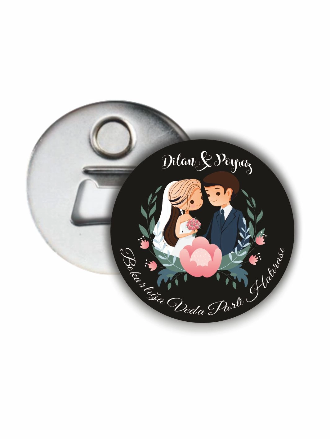 Bekarlığa Veda Partisi Çizim Gelin Damat Çiçek Çerçeveli 58 mm Açacak Magnet Hatırası