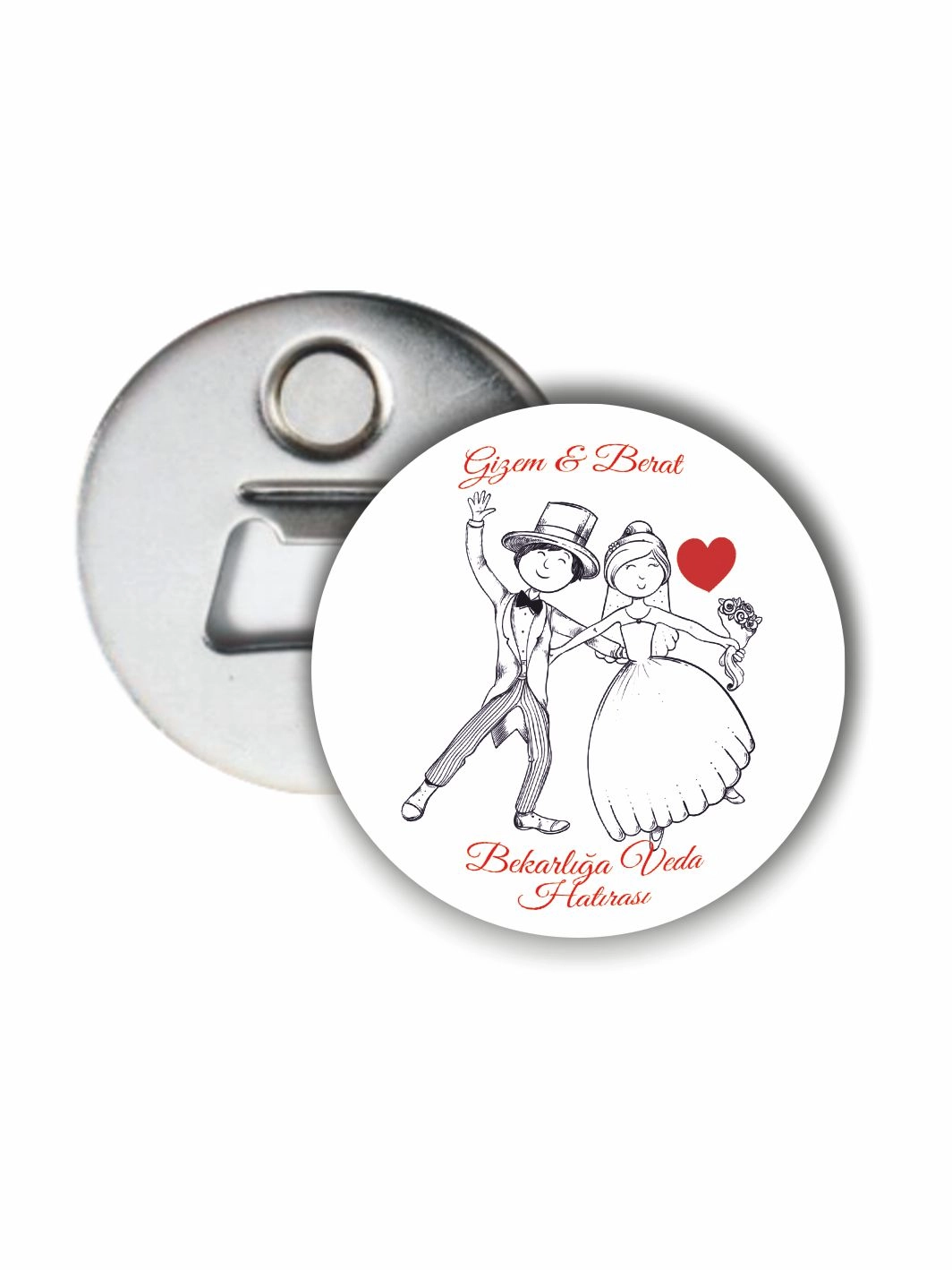 Bekarlığa Veda Partisi Karikatür Gelin Damat Çizimli 58 mm Açacak Magnet Hatırası