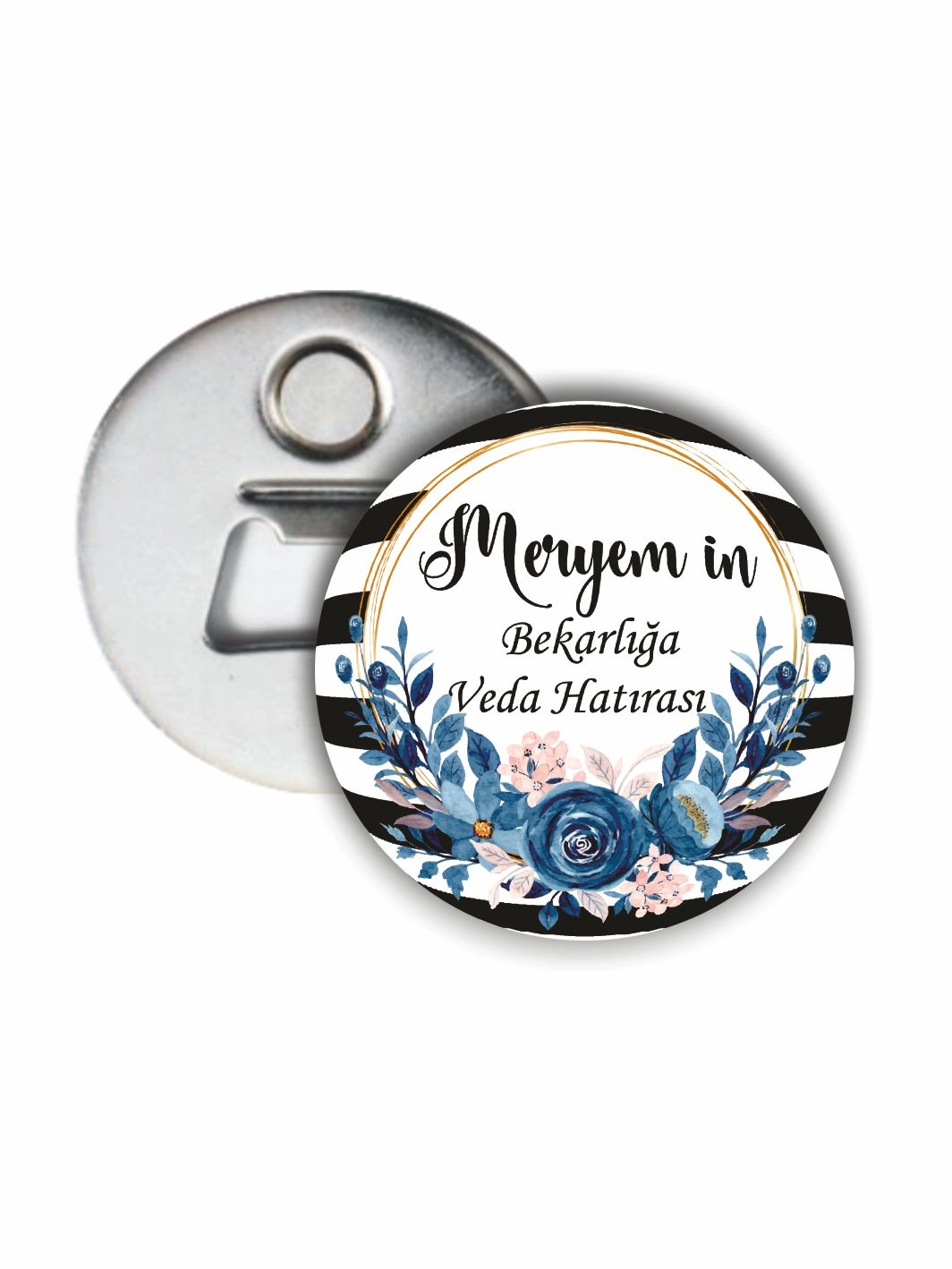 Bekarlığa Veda Partisi Lacivert Çiçek Desenli Çizgili 58 mm Açacak Magnet Hatırası