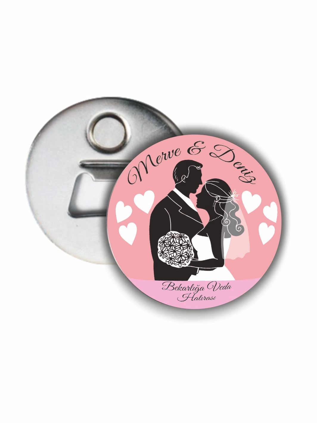 Bekarlığa Veda Partisi Pembe Zemin Gelin Damat Silüetli 58 mm Açacak Magnet Hatırası