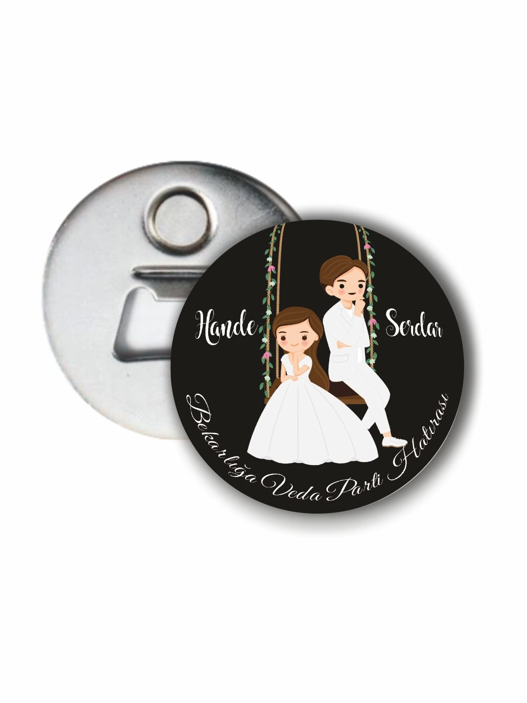 Bekarlığa Veda Partisi Salıncakta Oturan Çizim Gelin Damat 58 mm Açacak Magnet Hatırası