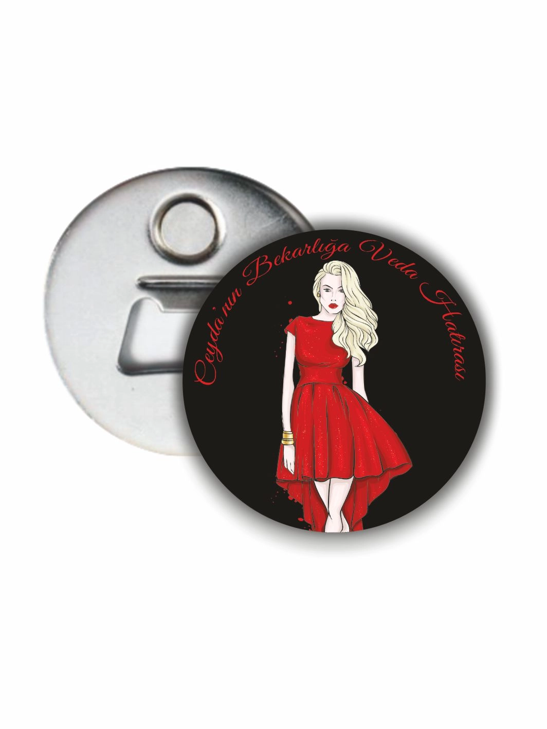 Bekarlığa Veda Partisi Siyah Zemin Kırmızı Elbiseli Fashion Kadın Temalı 58 mm Açacak Magnet Hatırası