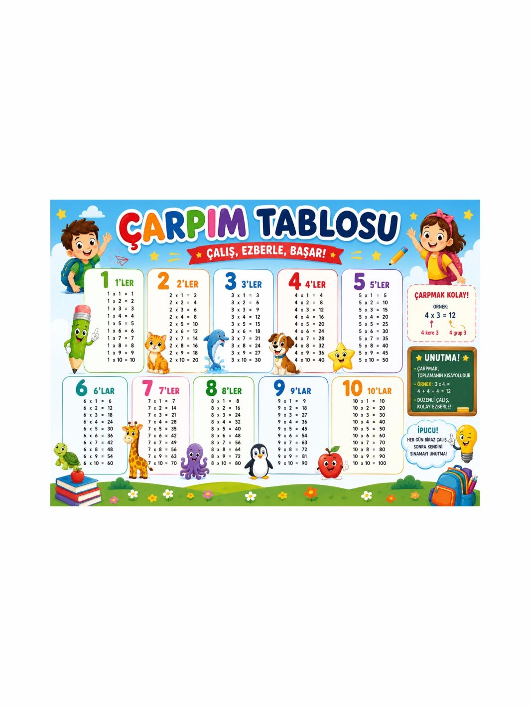Çarpım Tablosu Sınıf Öğrenci Afişi | İlkokul Matematik Eğitici Posteri | Zajabaskı