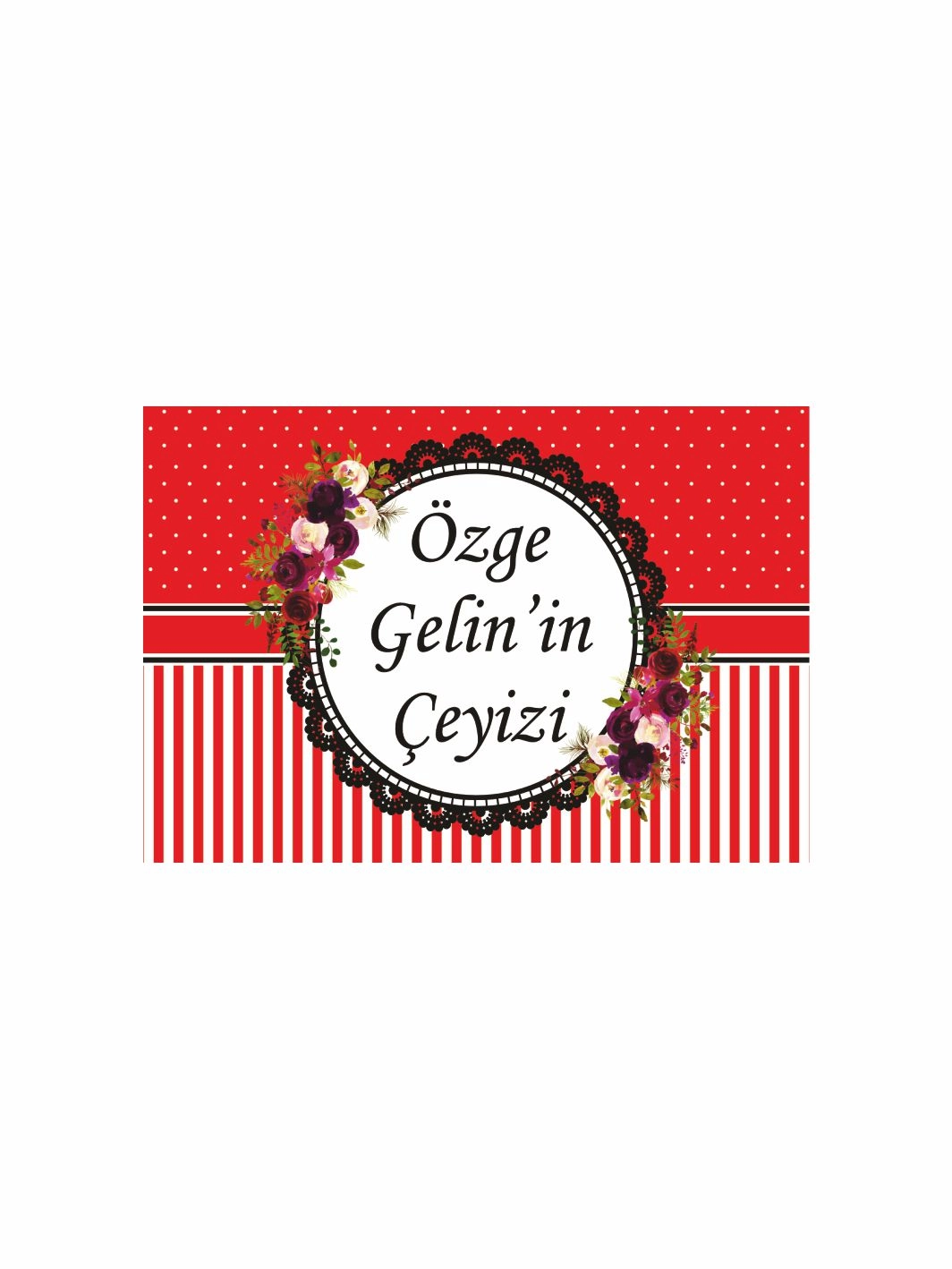 Çeyiz Kolisi Etiketi Kırmızı Puantiyeli Dantel Çerçeveli Çiçekli Gelin Konsepti