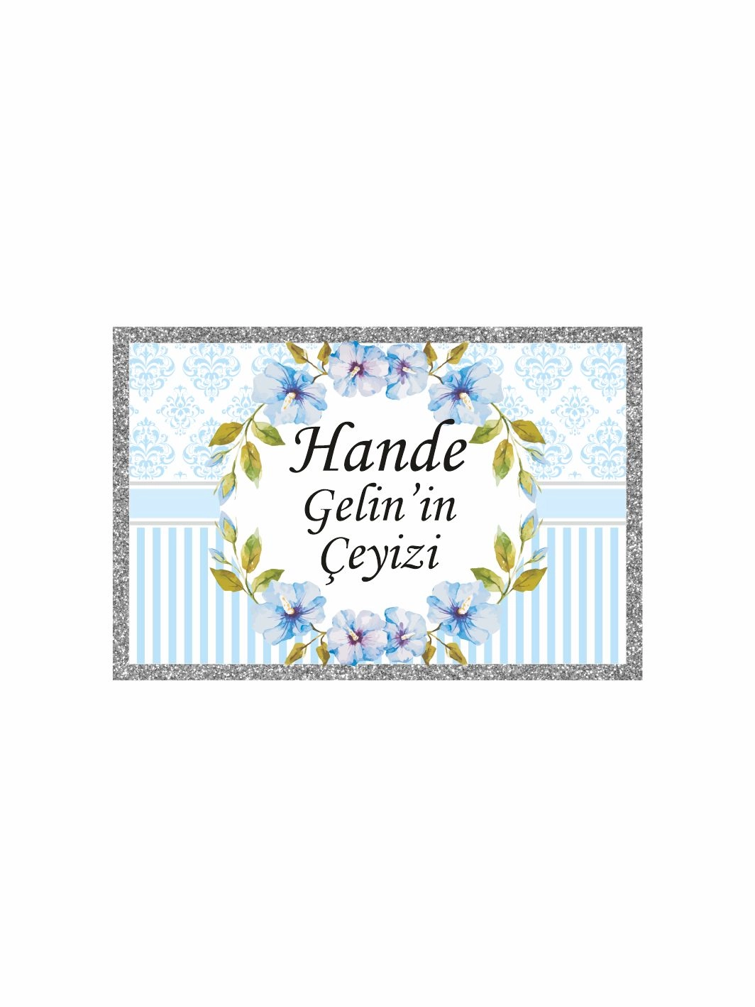 Çeyiz Kolisi Etiketi Mavi Damask Desenli Çiçekli Simli Çerçeveli Gelin Konsepti – A4