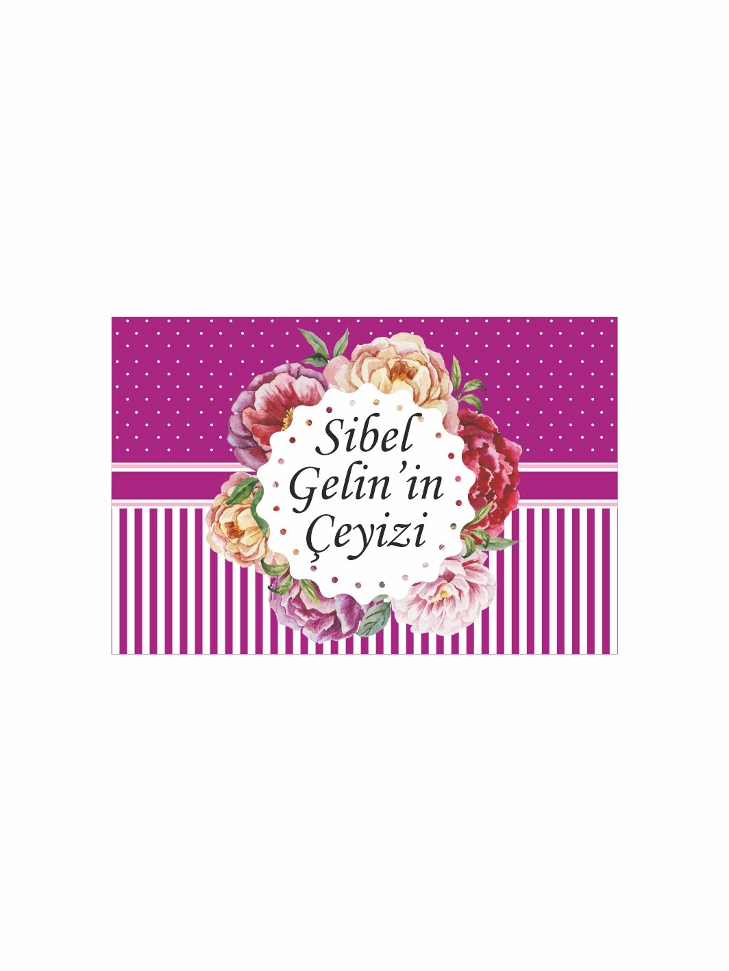 Çeyiz Kolisi Etiketi Mor Puantiyeli Çizgili Çiçek Çelenkli Gelin Konsepti – A4