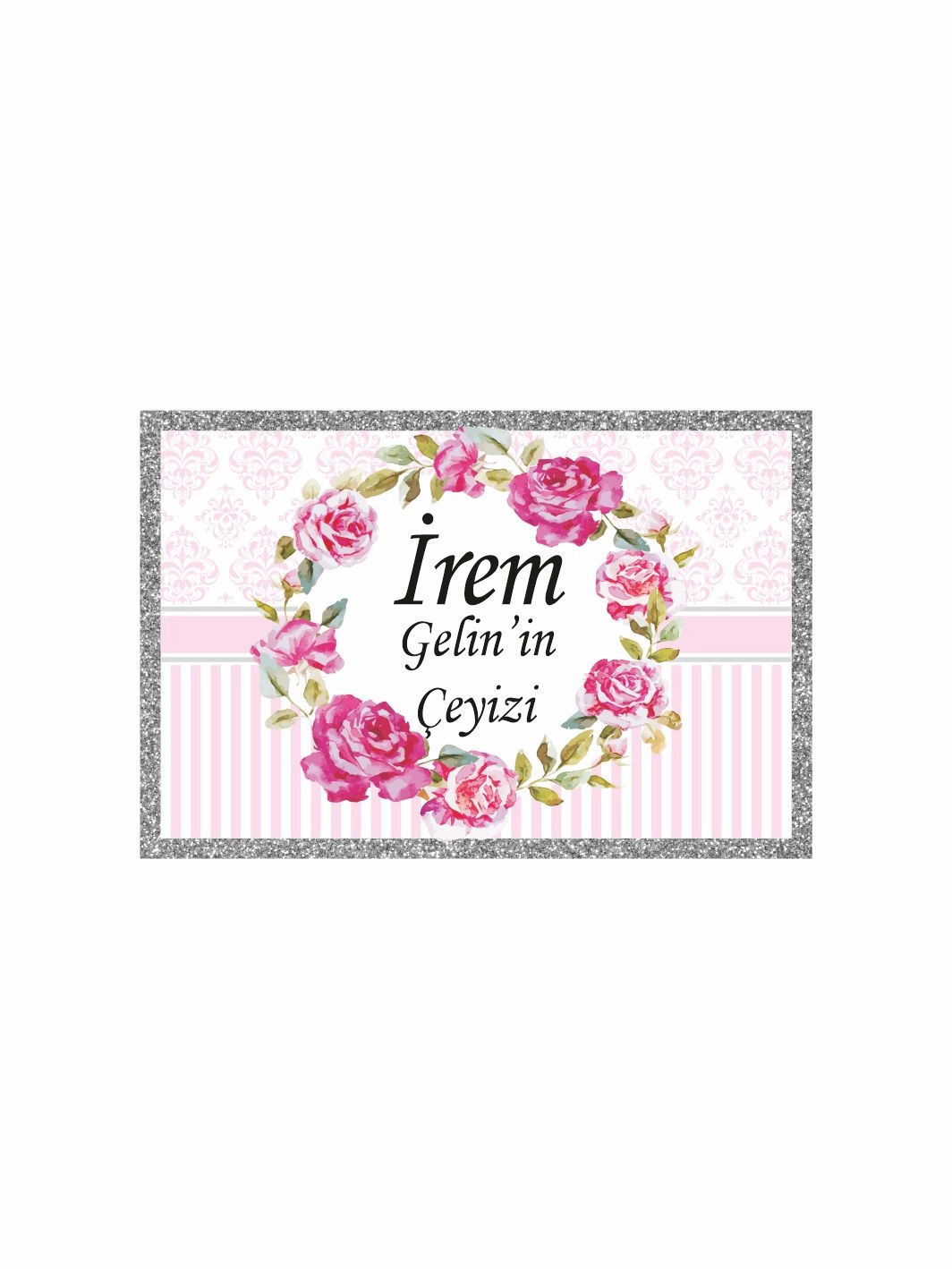 Çeyiz Kolisi Etiketi Pembe Gül Damask Desenli Simli Çerçeveli Gelin Konsepti – A4