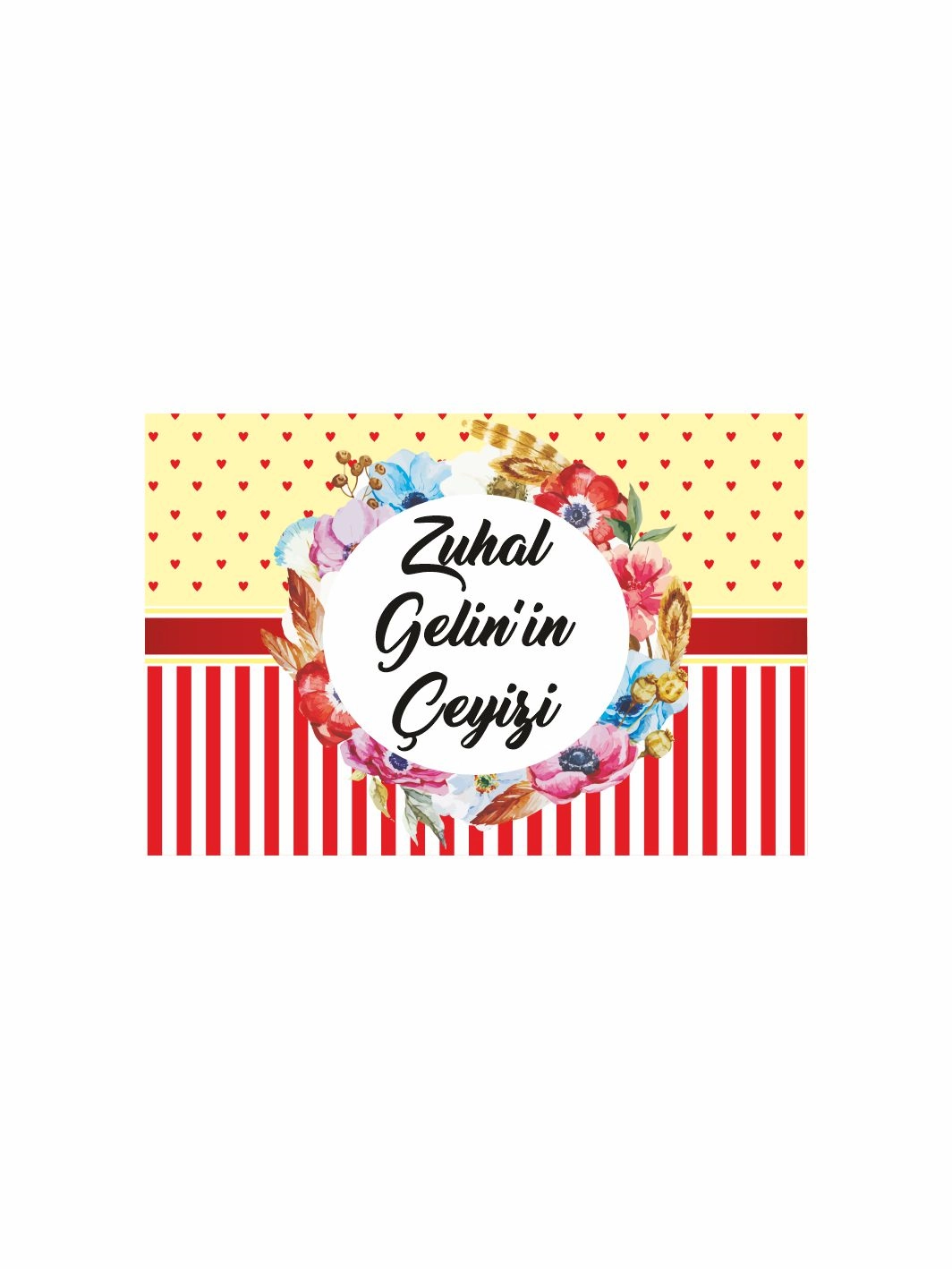 Çeyiz Kolisi Etiketi Sarı Kalp Desenli Kırmızı Çizgili Çiçek Çelenkli Gelin Konsepti – A4