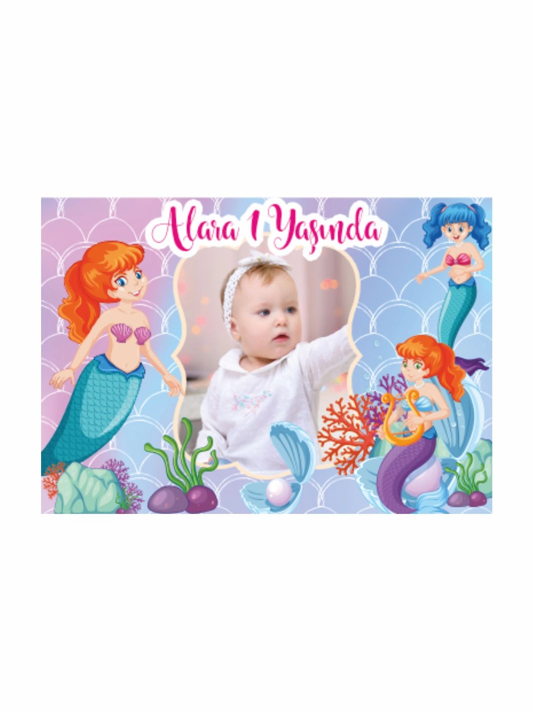 Deniz Kızı Temalı Fotoğraflı 1 Yaş Kız Bebek Doğum Günü Afişi Mermaid Konsept