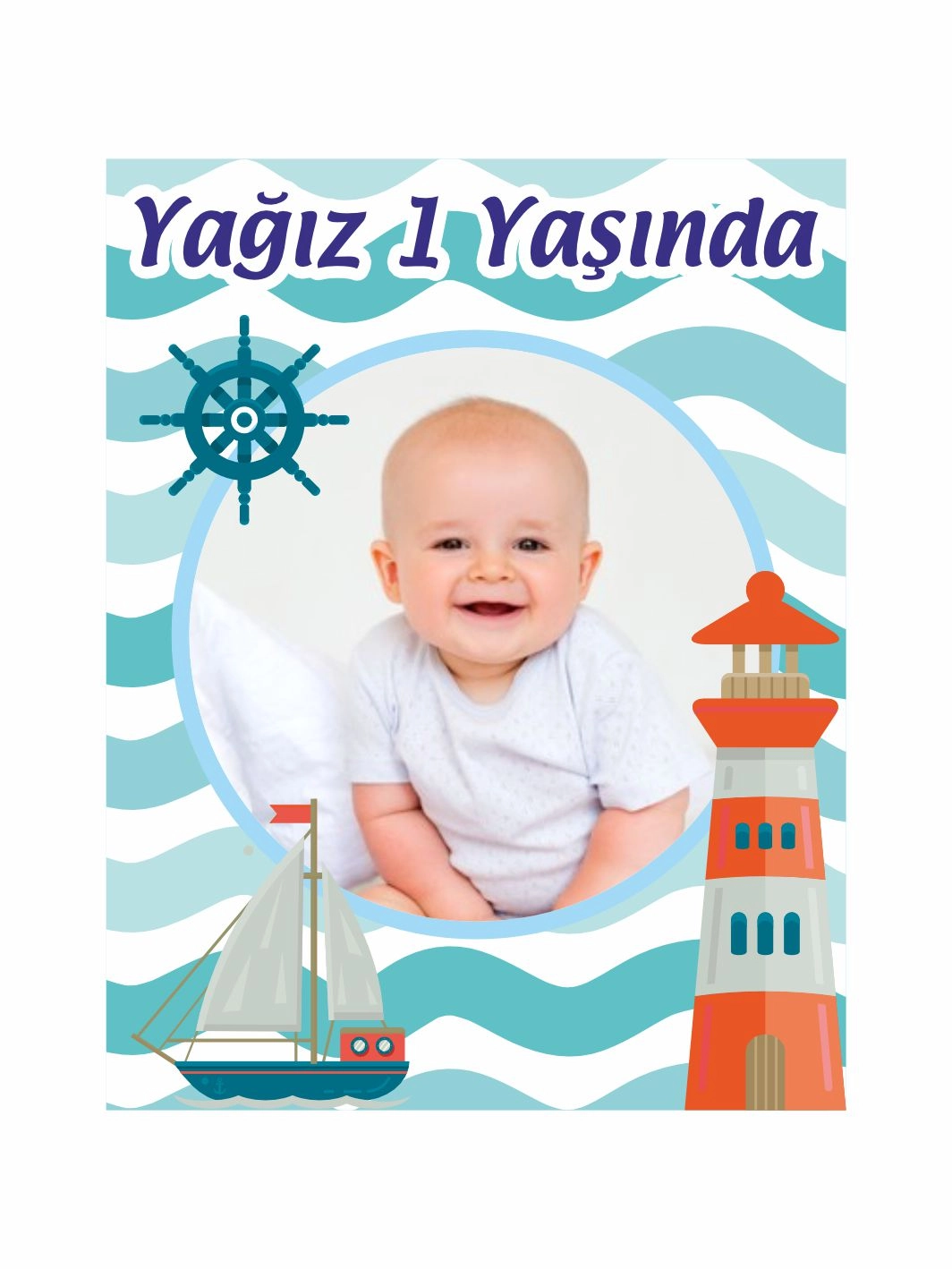 Denizci Temalı Erkek Bebek 1 Yaş Doğum Günü Magneti  Resimli Kişiye Özel Fotoğraflı Tasarım