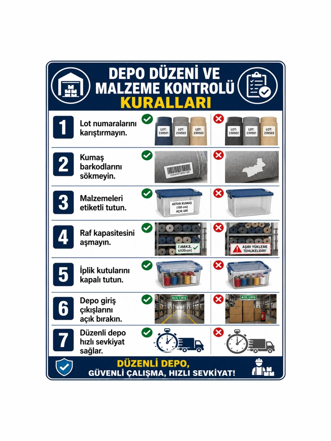 Depo Düzeni ve Malzeme Kontrolü Kuralları Uyarı Levhası 40x30cm