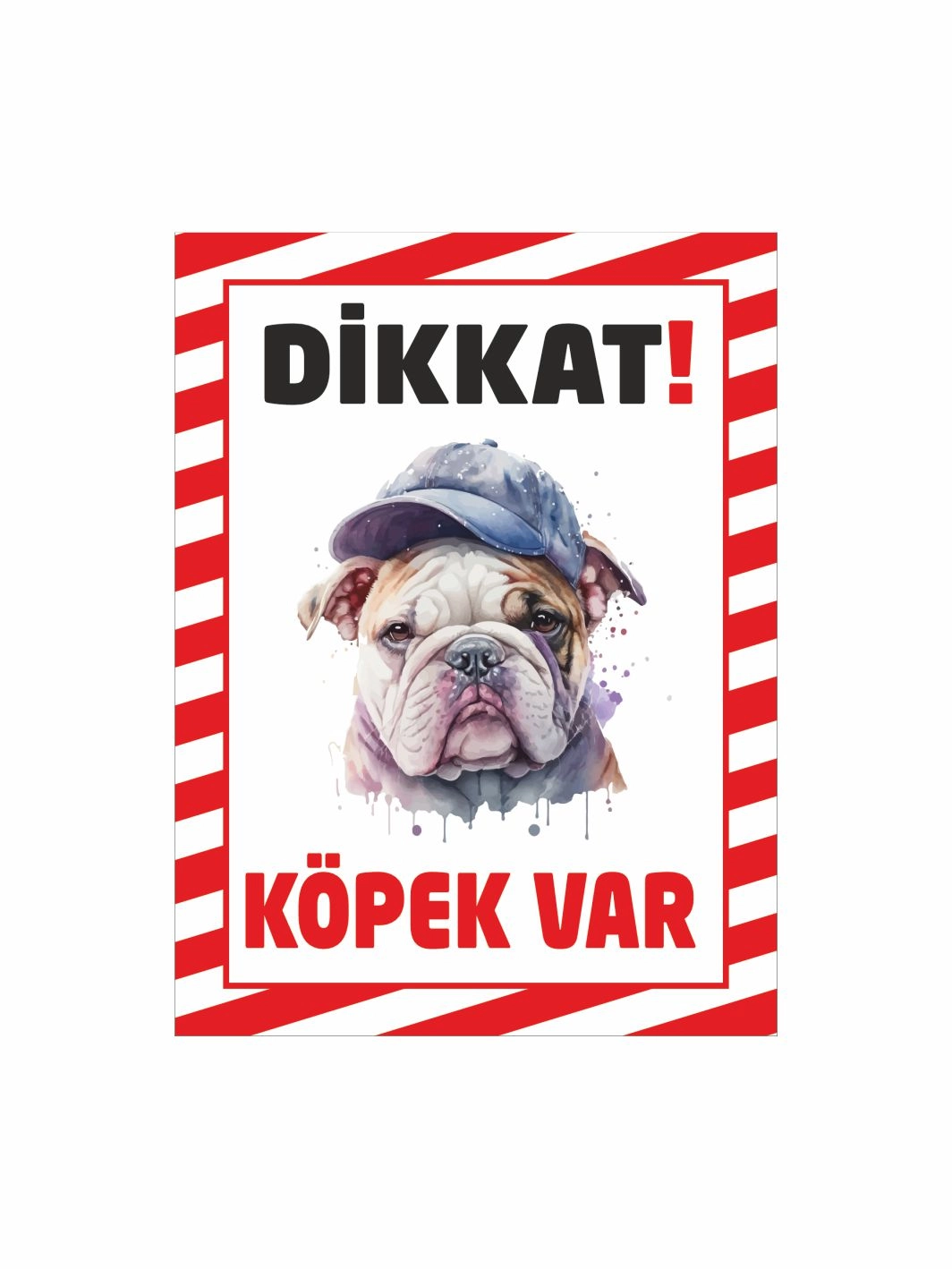 Dikkat Köpek Var Uyarı Levhası Şapkalı Bulldog Tasarımlı Kırmızı Çerçeveli
