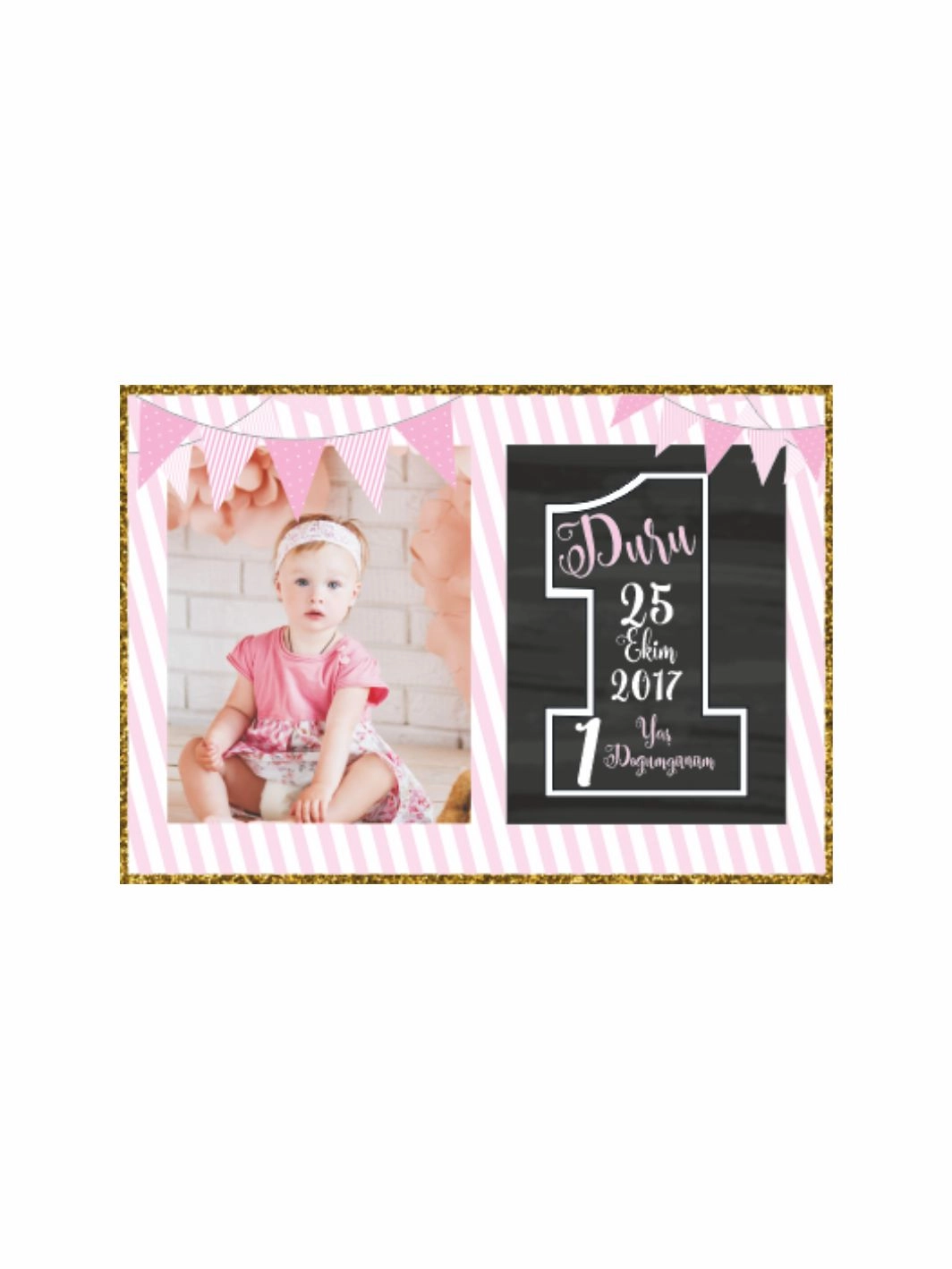 Doğum Günü Afişi Pembe Çizgili Chalkboard Pano Temalı Altın Çerçeveli Resimli 1 Yaş Kız Bebek Konsept