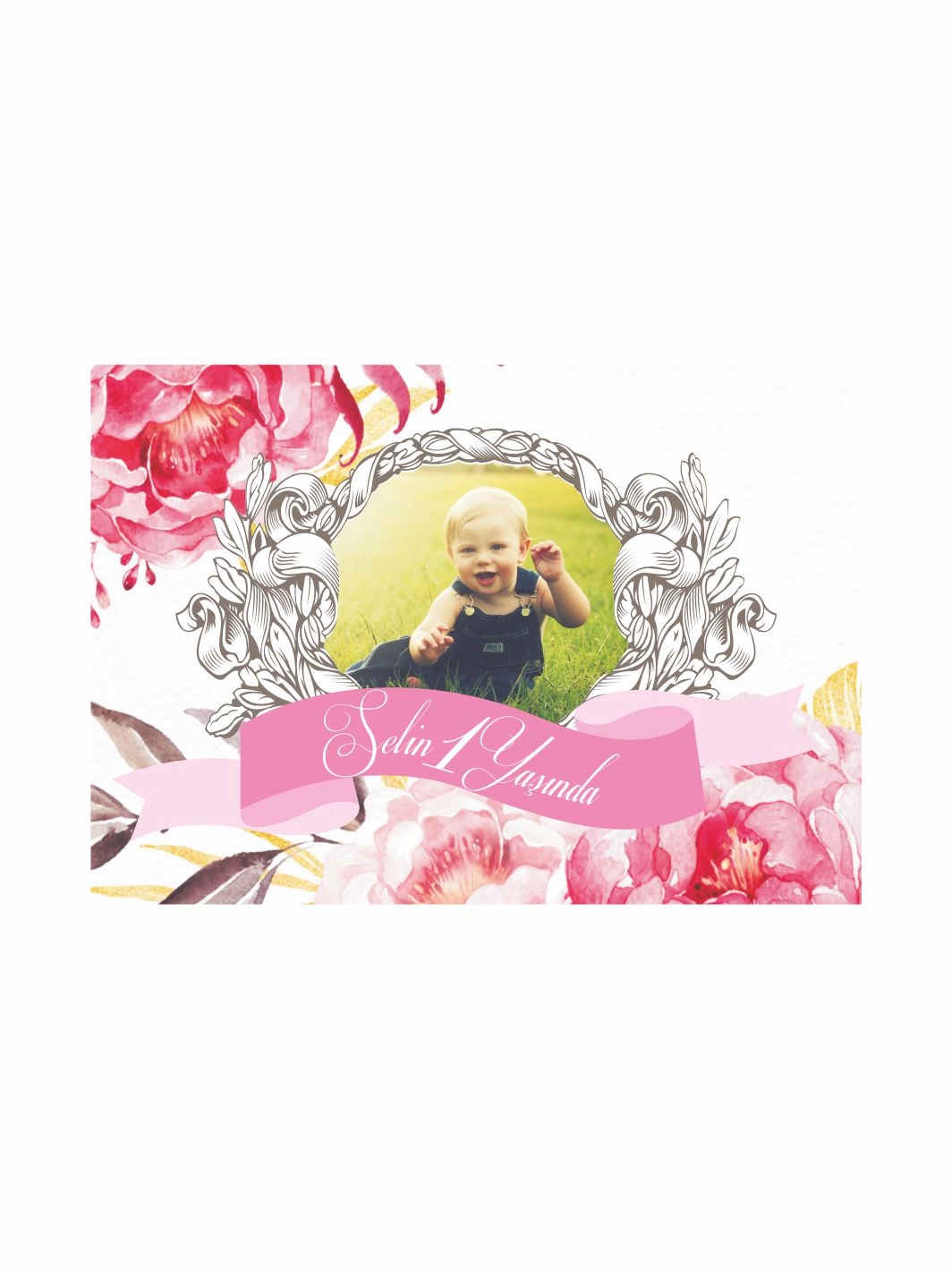 Doğum Günü Afişi Pembe Gold Çiçekli Vintage Çerçeveli Resimli Bebek Temalı Konsept