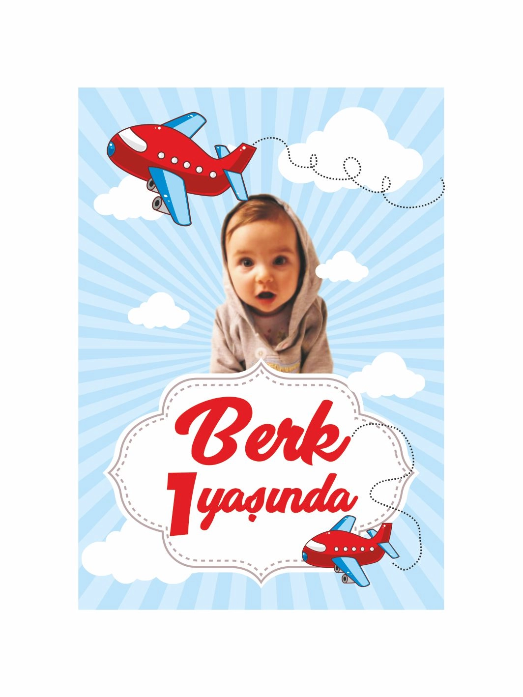 1 Yaş Bebek Doğum Günü Afişi Uçak Temalı Bulutlu Mavi Zeminli Resimli Konsept