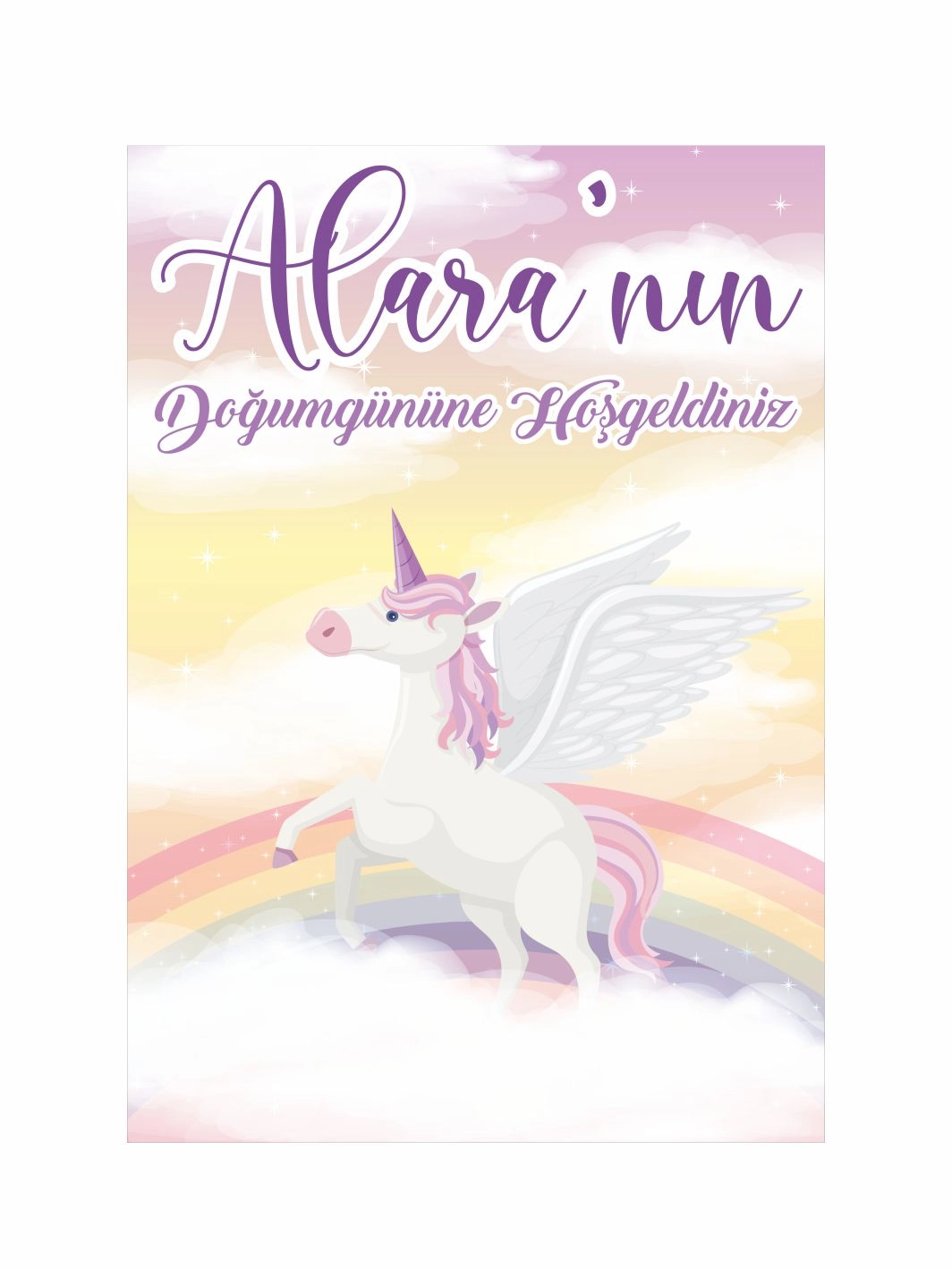 Doğum Günü Ayaklı Karşılama Panosu Bulut Üzerinde Kanatlı Unicorn Gökkuşağı Temalı Kız Bebek Parti Konsept