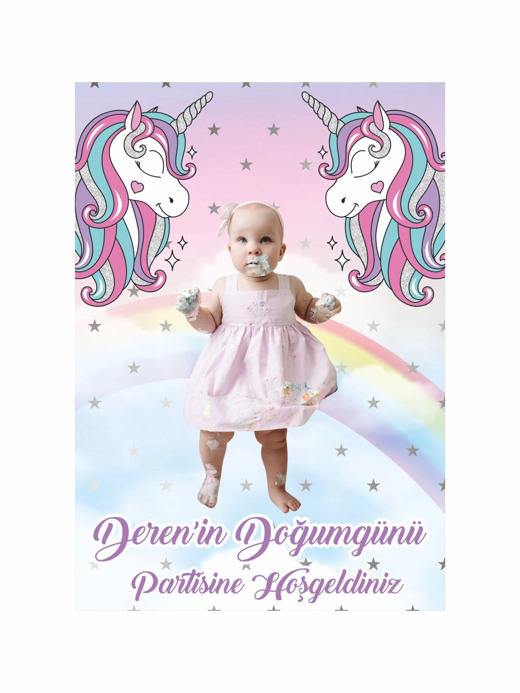 Doğum Günü Ayaklı Karşılama Panosu Çift Unicorn Gökkuşağı Zemin Fotoğraflı Kız Bebek Parti Konsept