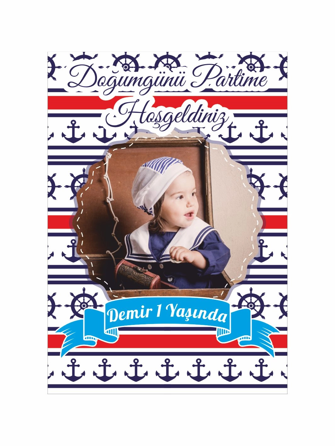 Doğum Günü Ayaklı Karşılama Panosu Denizci Çapa ve Dümen Desenli Çizgili Zemin Fotoğraflı Erkek Bebek 1 Yaş Parti Konsept