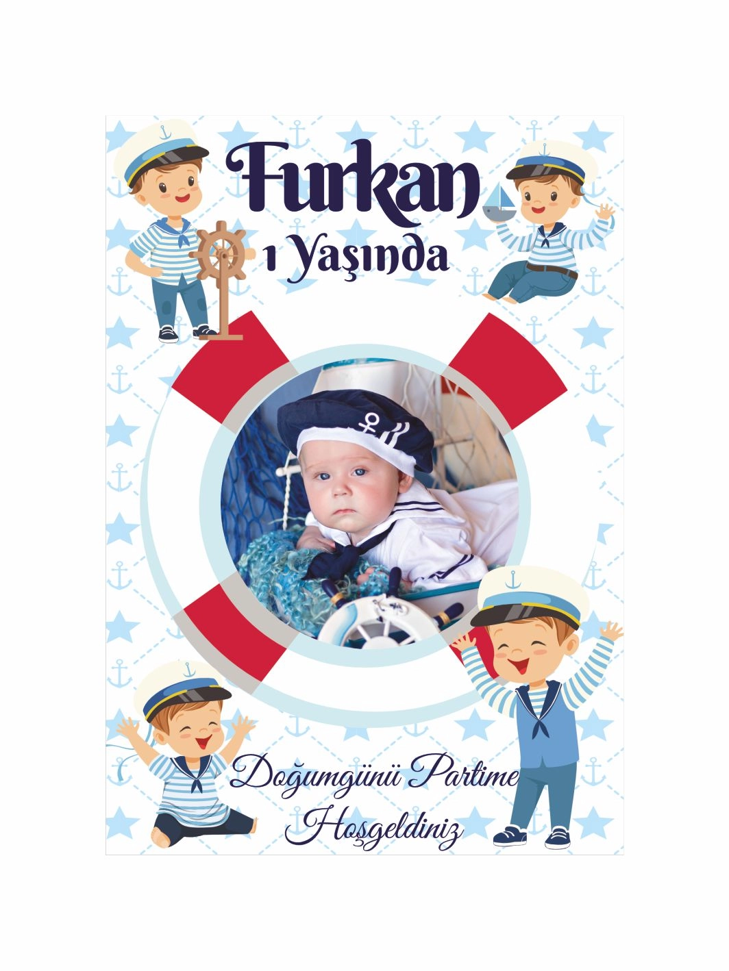 Doğum Günü Ayaklı Karşılama Panosu Denizci Çocuk Karakterli Simit Cankurtaran Temalı Fotoğraflı Erkek Bebek 1 Yaş Parti Konsept