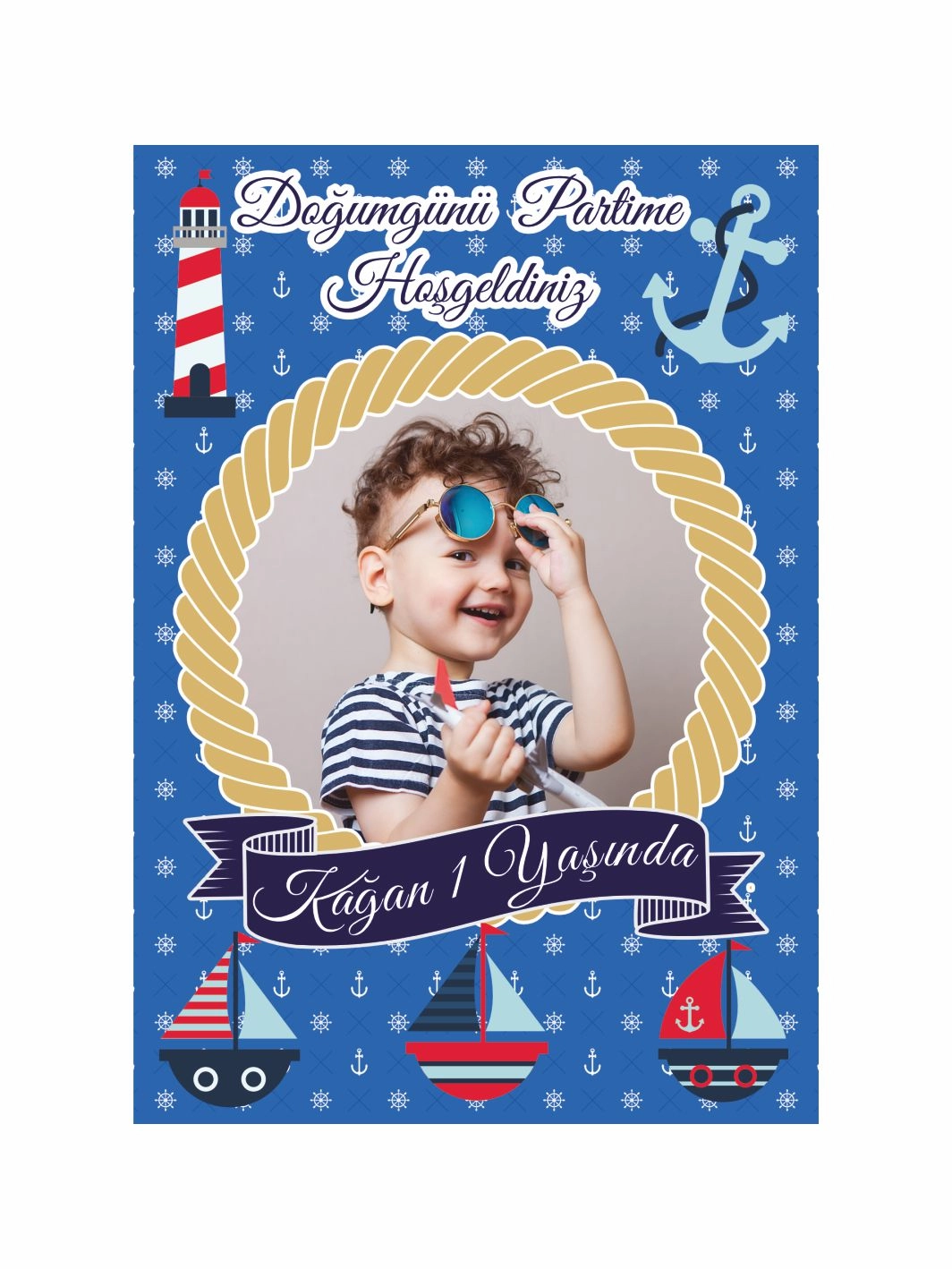 Doğum Günü Ayaklı Karşılama Panosu Denizci Temalı Çapa Deniz Feneri ve Yelkenli Desenli Fotoğraflı Erkek Bebek 1 Yaş Parti Konsept