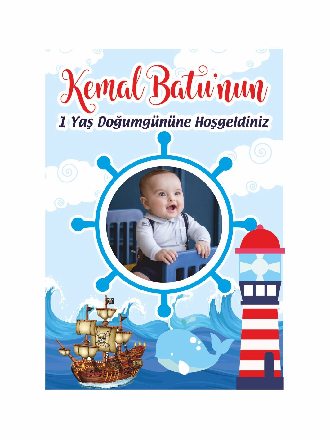 Doğum Günü Ayaklı Karşılama Panosu Denizci Temalı Deniz Feneri Gemi ve Dalga Desenli Fotoğraflı Erkek Bebek 1 Yaş Parti Konsept