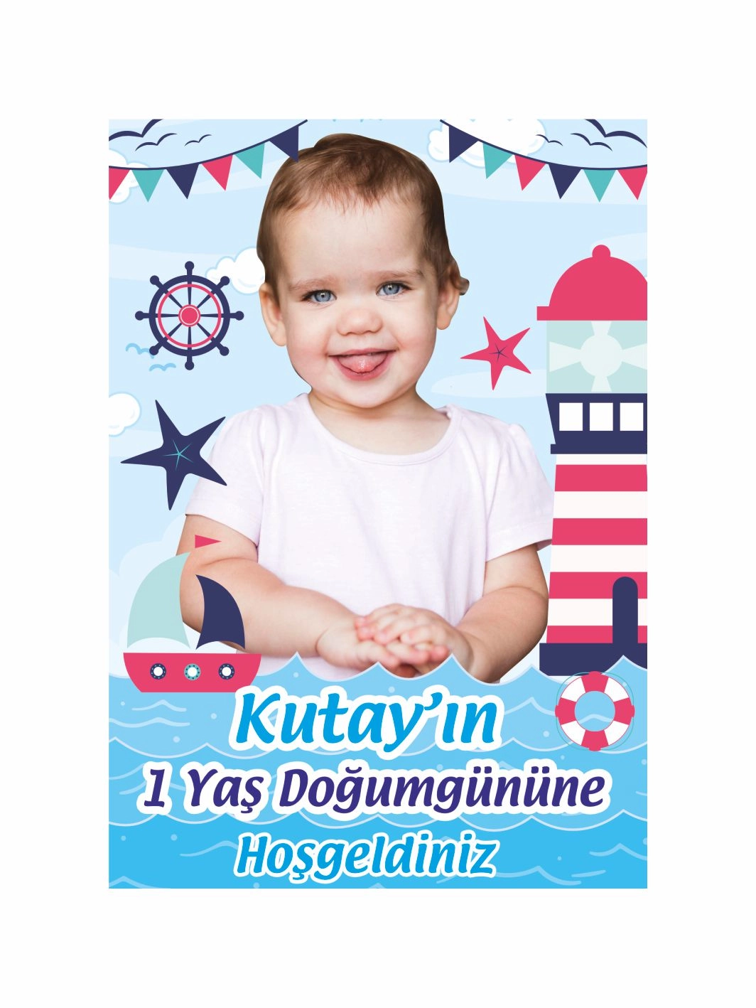 Doğum Günü Ayaklı Karşılama Panosu Denizci Temalı Fotoğraflı 1 Yaş Erkek Bebek Deniz Feneri Gemi Konsept Karşılama Panosu