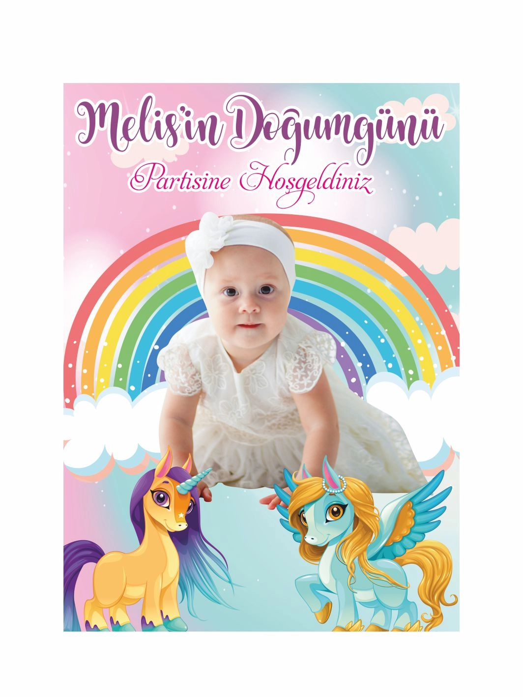 Doğum Günü Ayaklı Karşılama Panosu Gökkuşağı Bulut Zemin Çift Unicorn Fotoğraflı Kız Bebek Parti Konsept