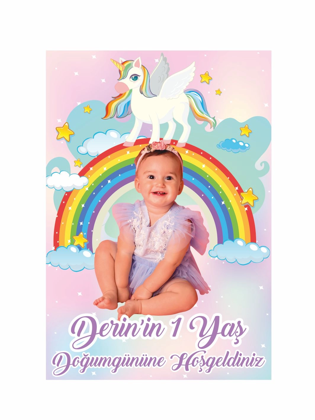 Doğum Günü Ayaklı Karşılama Panosu Gökkuşağı Üzerinde Unicorn Temalı Fotoğraflı 1 Yaş Kız Bebek Konsept