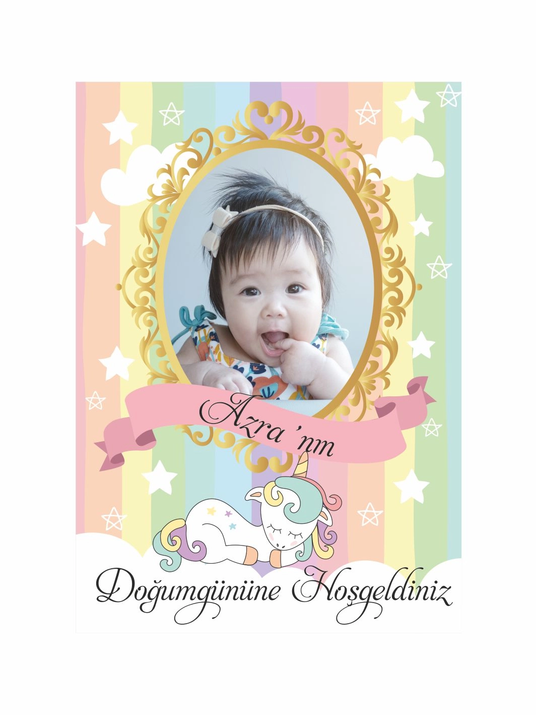 Doğum Günü Ayaklı Karşılama Panosu Pastel Gökkuşağı Zemin Altın Çerçeveli Fotoğraflı Unicorn Tema