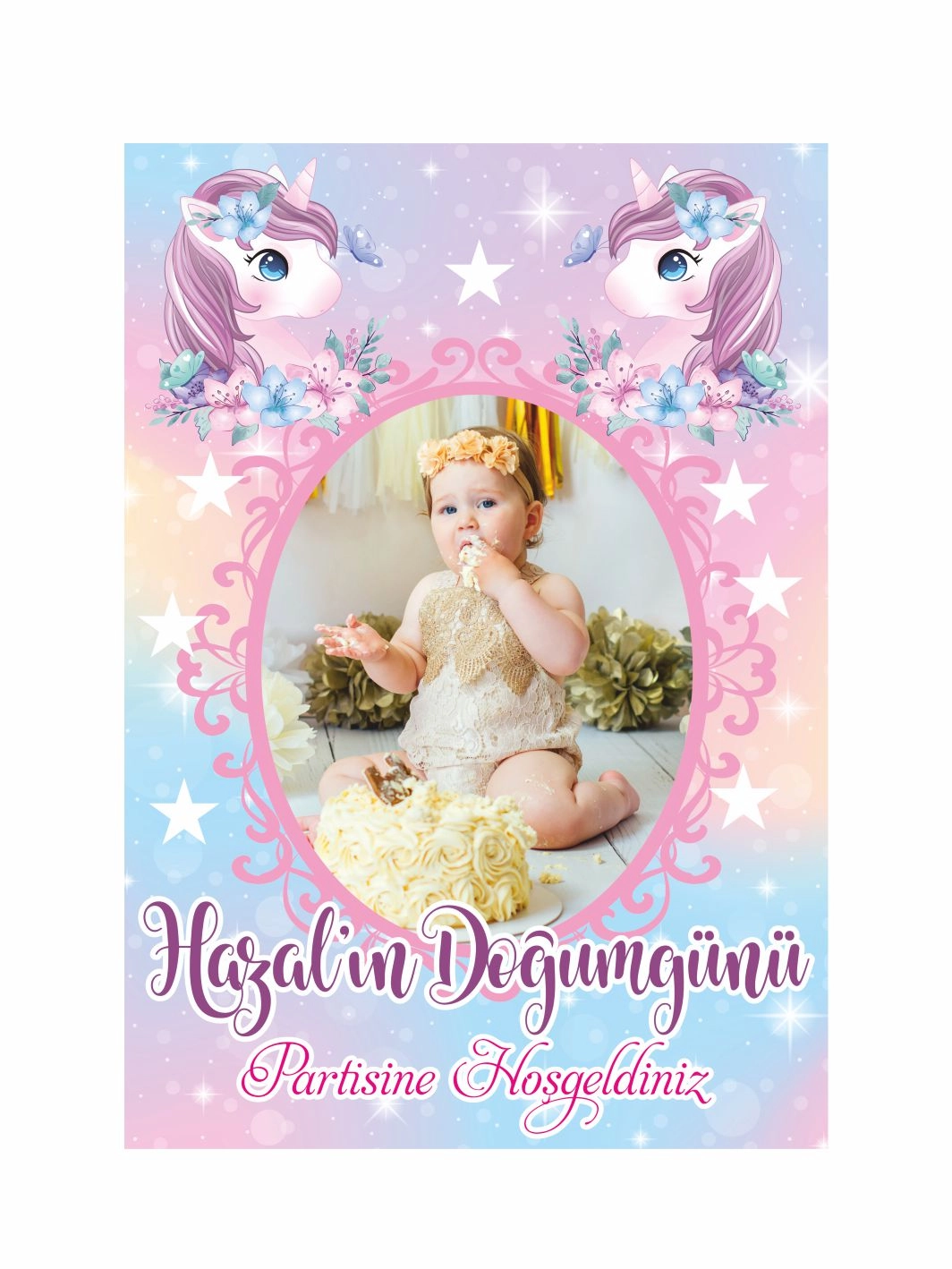Doğum Günü Ayaklı Karşılama Panosu Pastel Zemin Çift Unicorn Çiçekli Çerçeveli Fotoğraflı Kız Bebek Parti Konsept