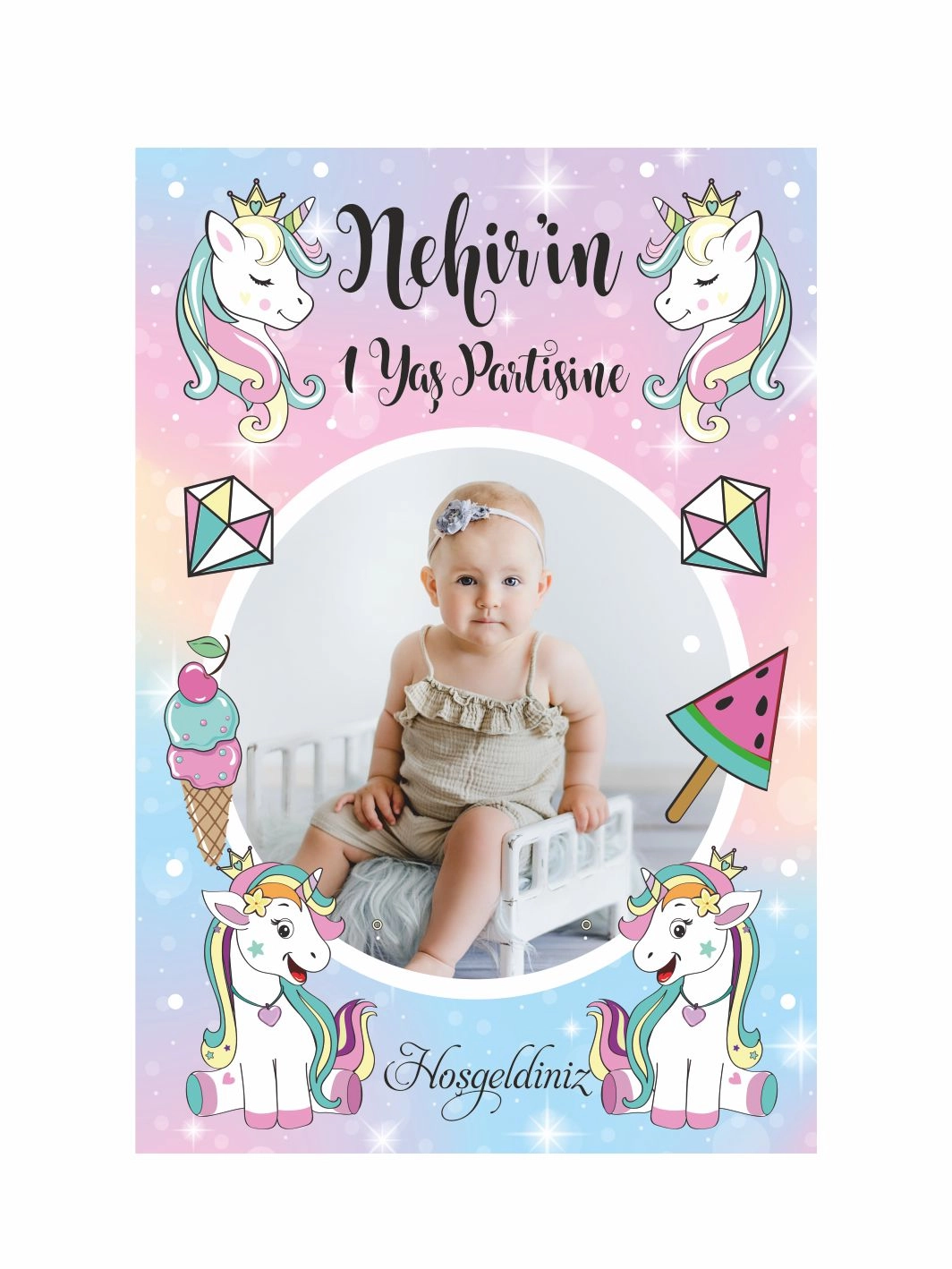 Doğum Günü Ayaklı Karşılama Panosu Renkli Unicorn Dondurma ve Karpuz Temalı Fotoğraflı 1 Yaş Kız Bebek Parti Konsept