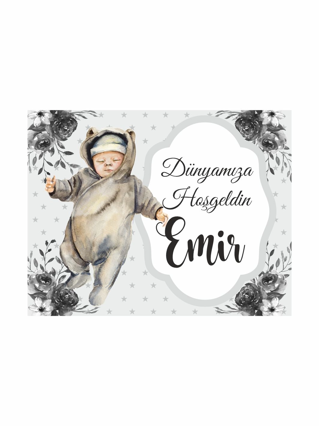 Dünyamıza Hoş Geldin Bebek Magneti Vintage Erkek Bebek Konseptli Gri Çiçek Temalı Yeni Doğan Bebek Magneti