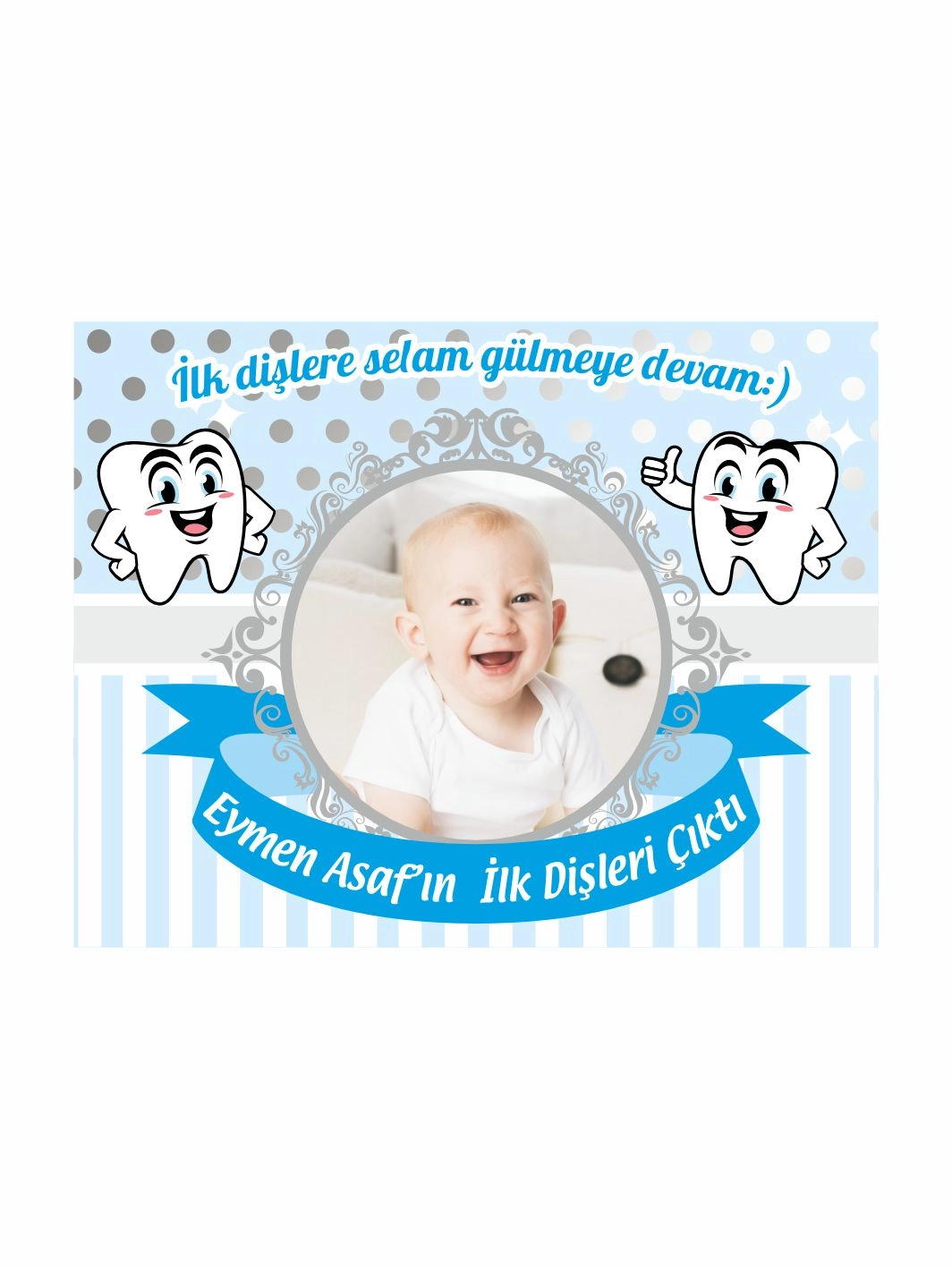 Erkek Bebek Diş Partisi Hediyelik Magnet Mavi Gri Konsept Neşeli Dişler Tema