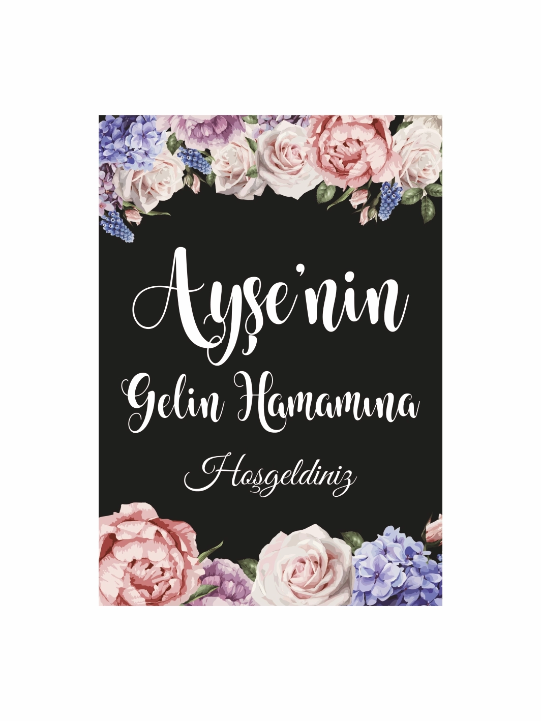 Gelin Hamamı Karşılama Ayaklı Pano Siyah Zemin Şakıyak Çiçek Konsept